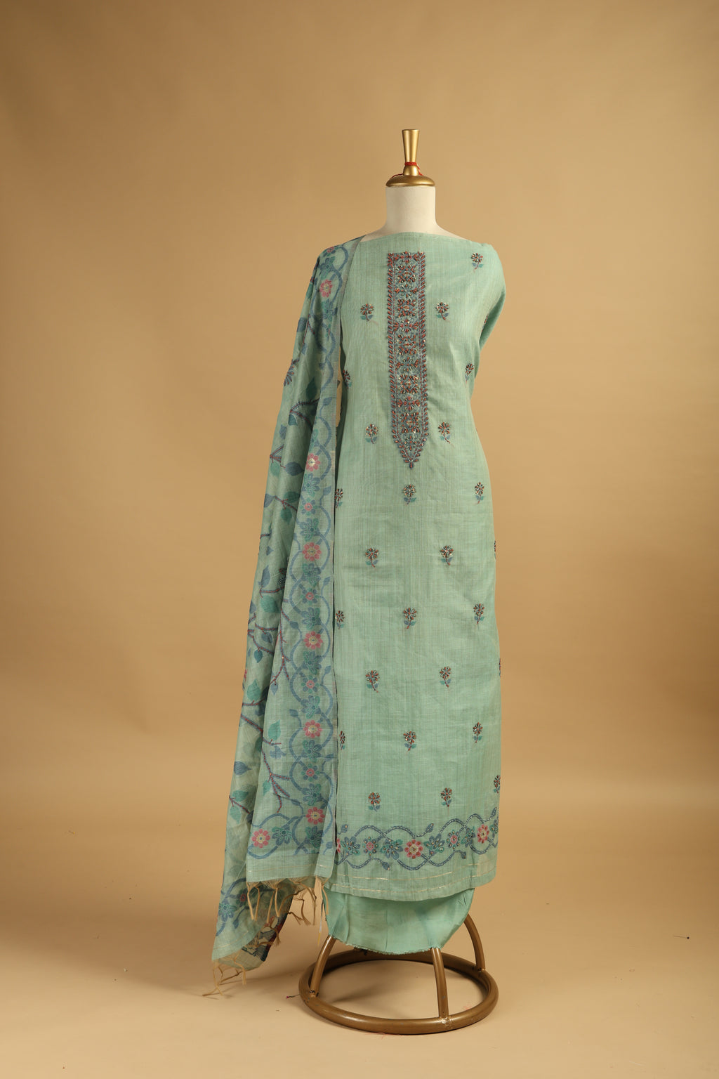 Rama Green Jamdani Unstitched Suit Set in Chanderi with Embroidery