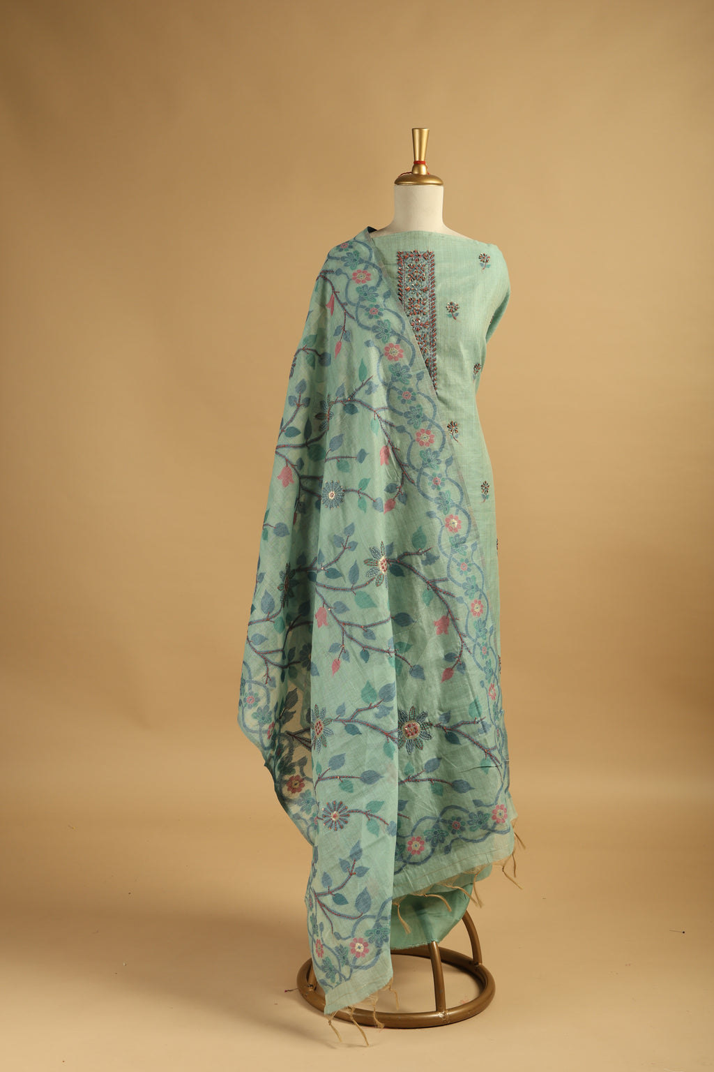 Rama Green Jamdani Unstitched Suit Set in Chanderi with Embroidery