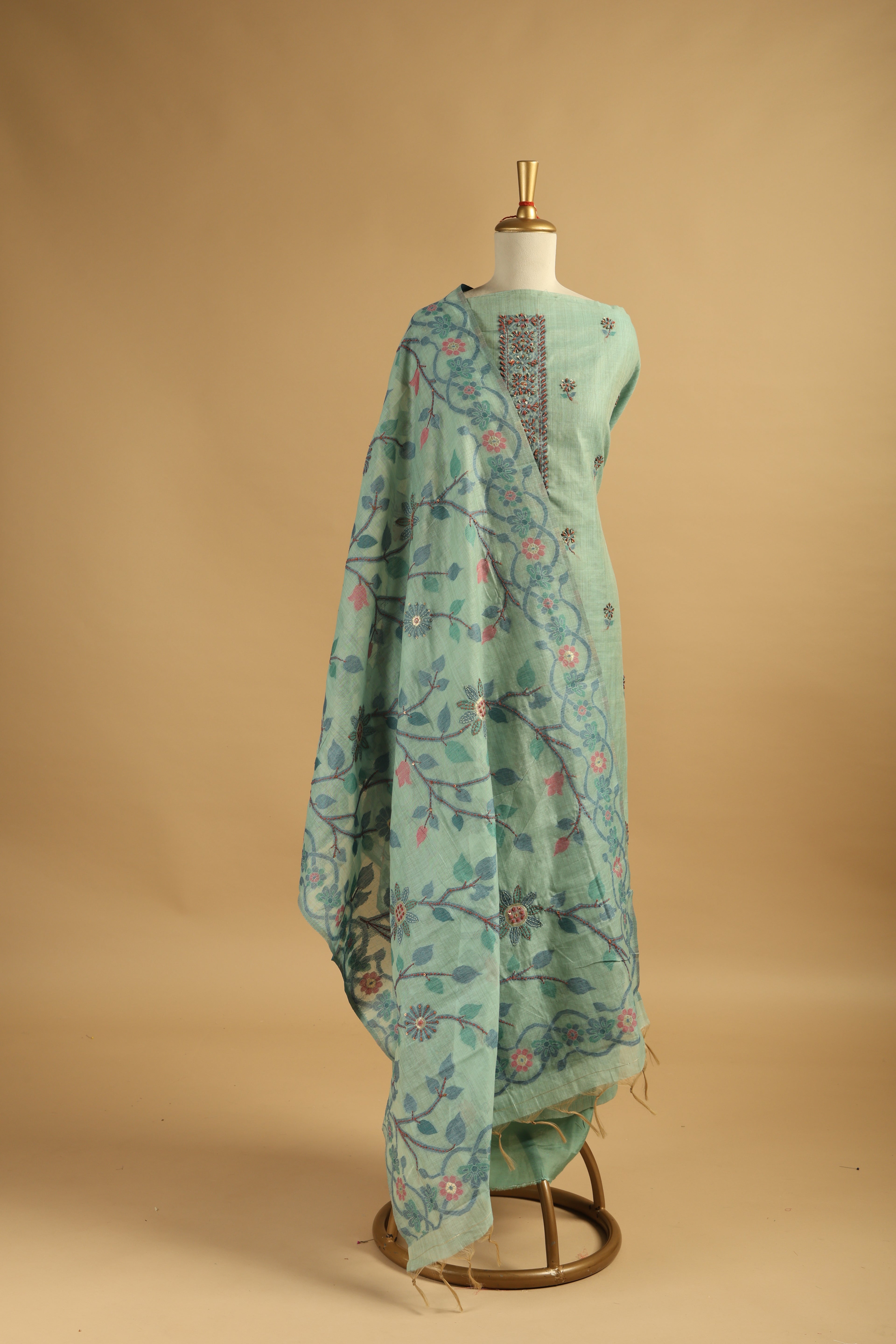 Rama Green Jamdani Unstitched Suit Set in Chanderi with Embroidery