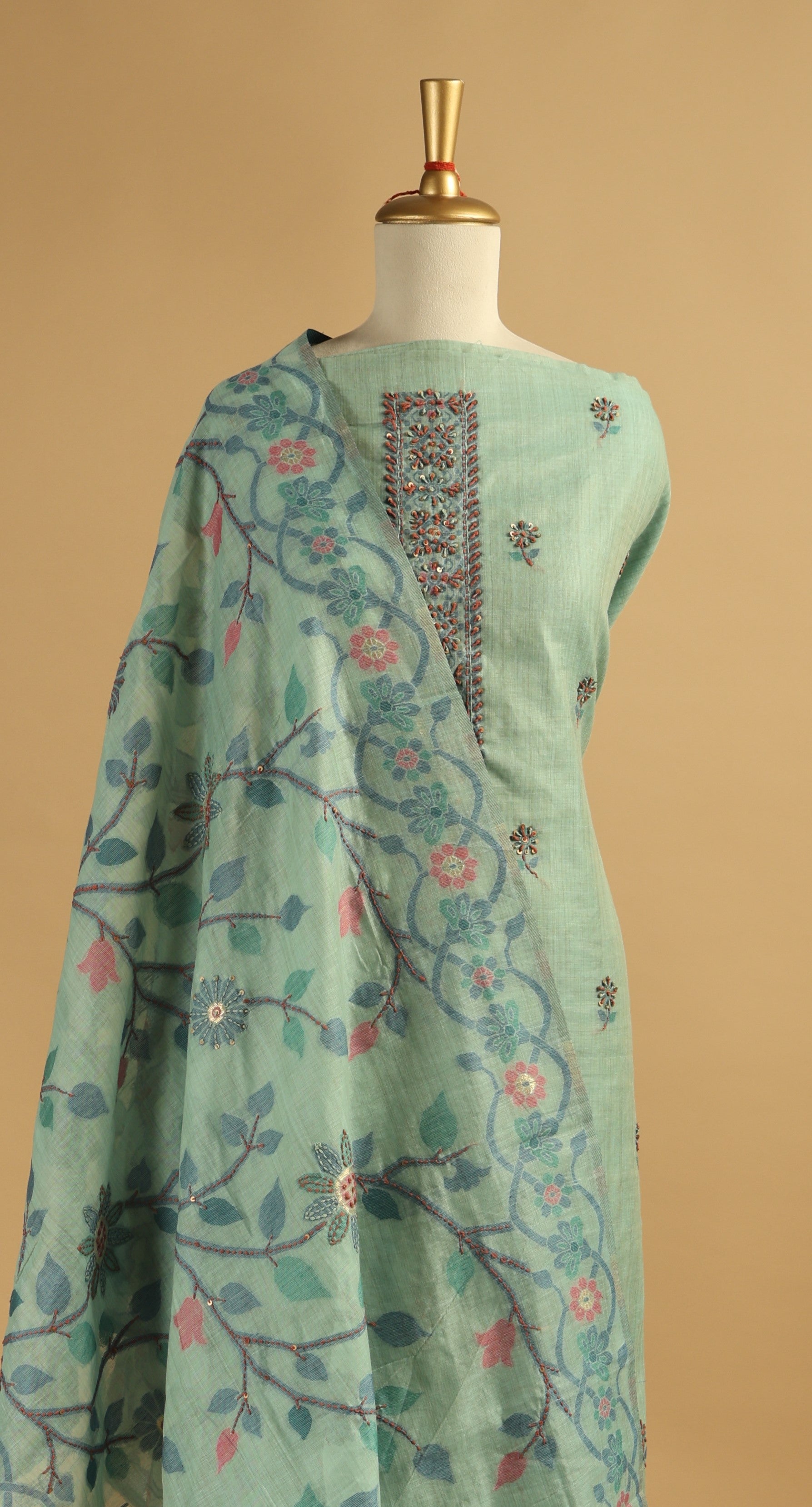 Rama Green Jamdani Unstitched Suit Set in Chanderi with Embroidery