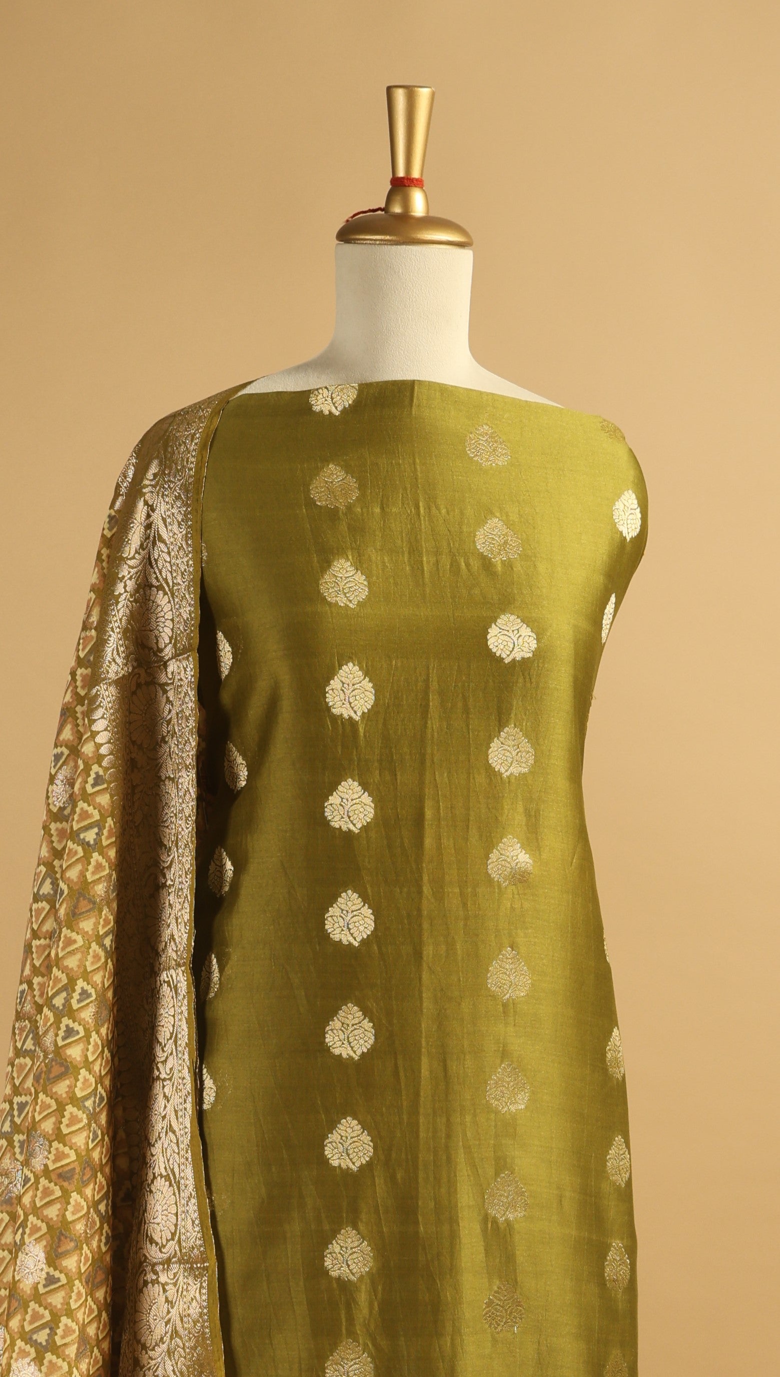 Olive Green Banarasi Weave Unstitched 3-Piece Suit Set