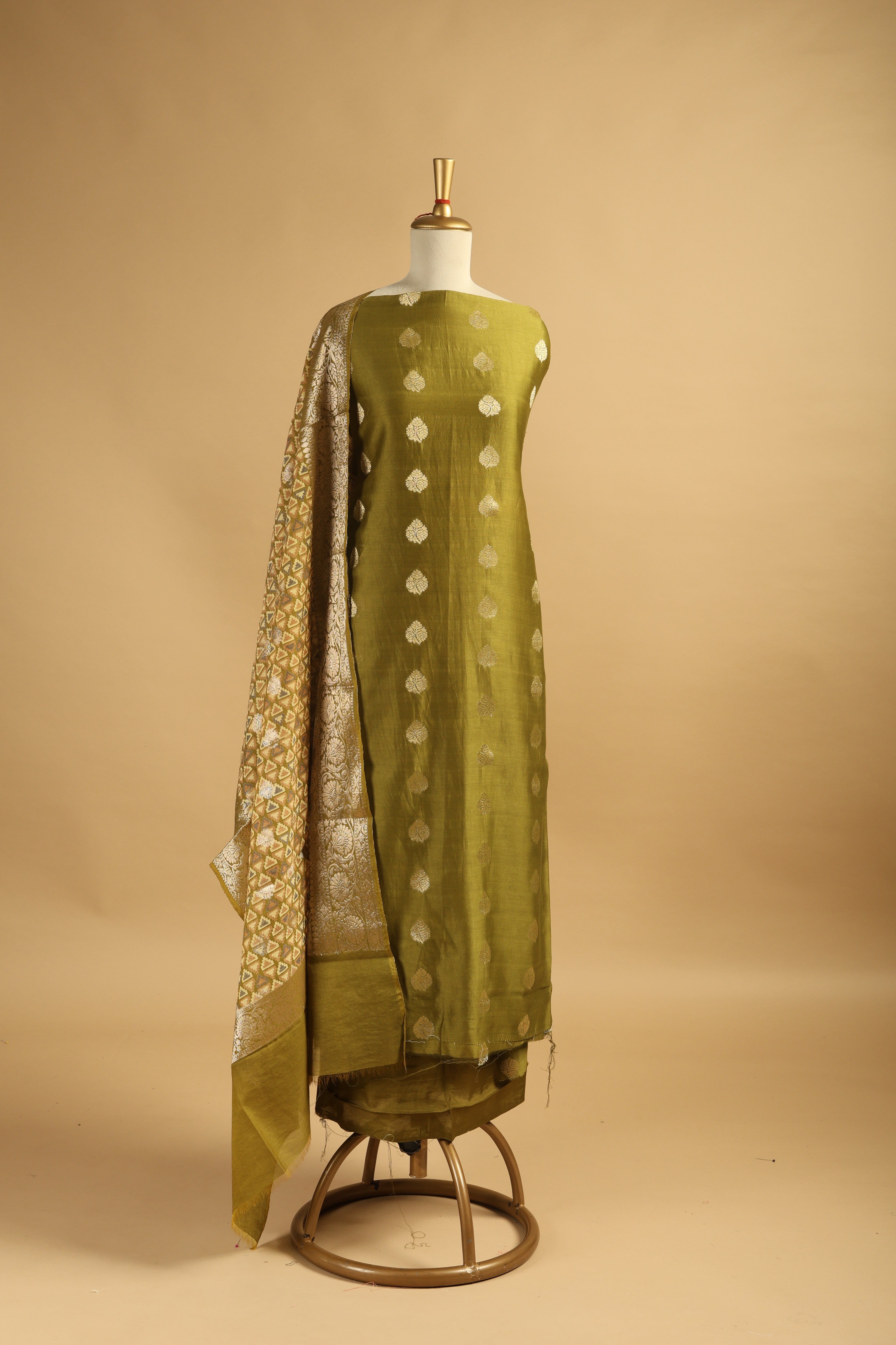 Olive Green Banarasi Weave Unstitched 3-Piece Suit Set