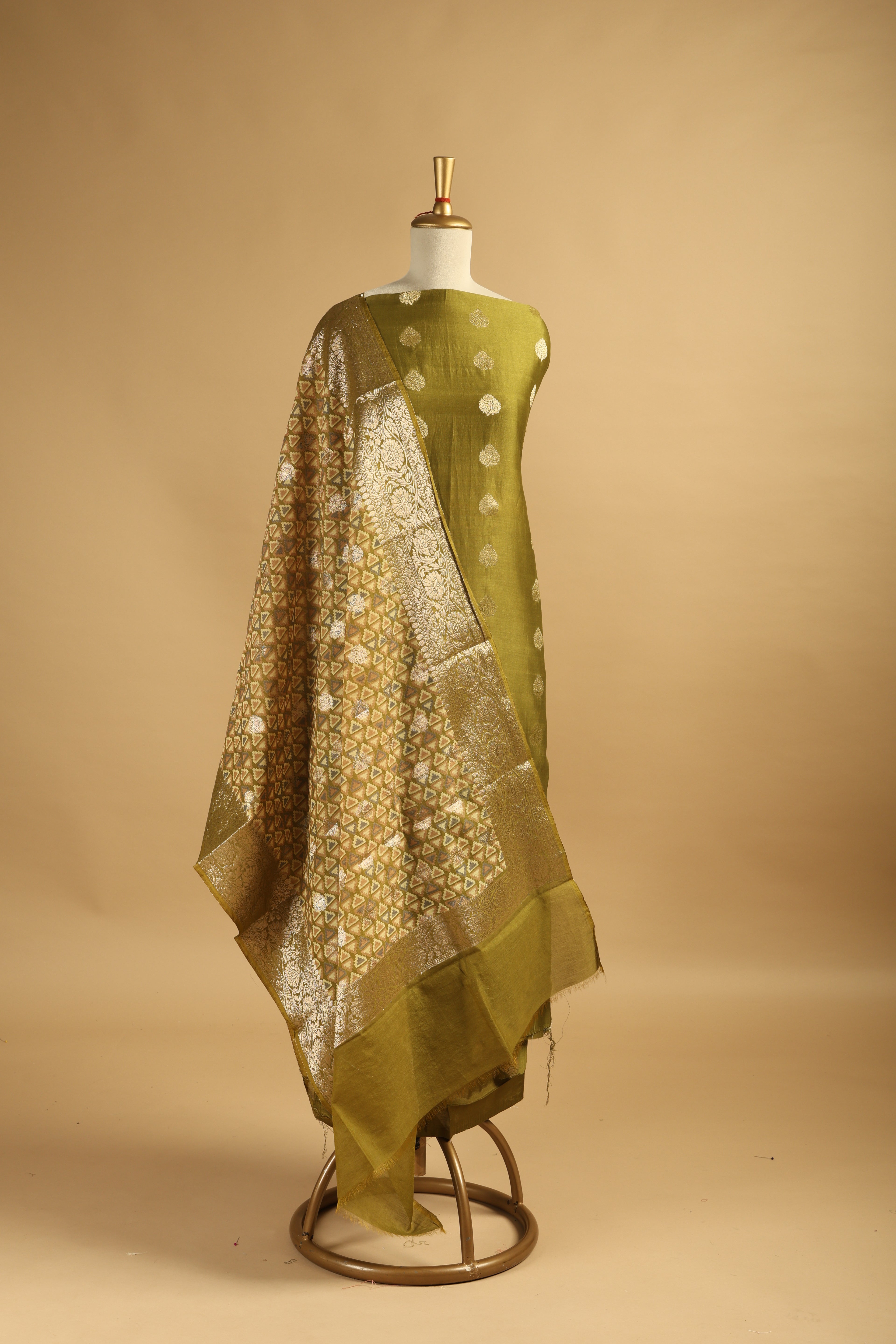 Olive Green Banarasi Weave Unstitched 3-Piece Suit Set