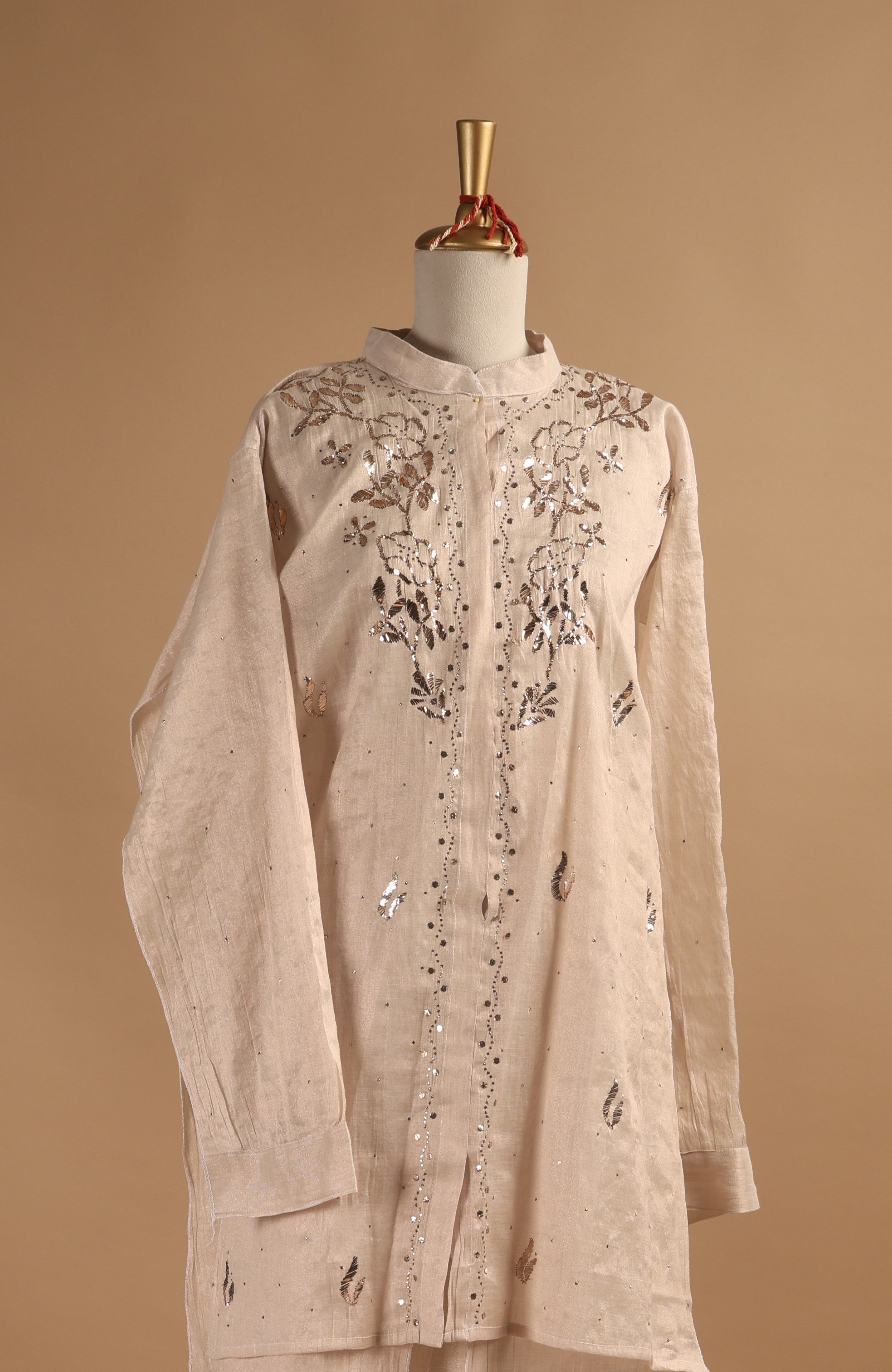 Golden Mukaish Work Semi-Stitched Coord Set in Mul Chanderi