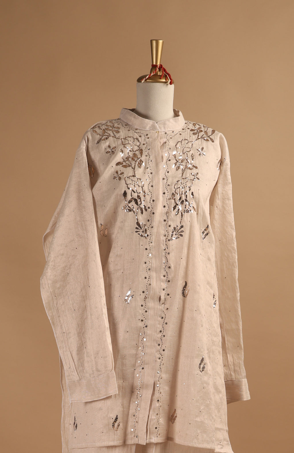 Golden Semi-Stitched Coord Set with Mukaish Work in Tissue Mul Chanderi