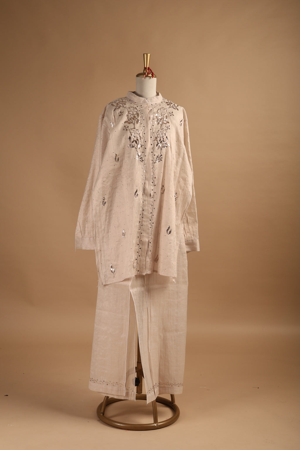 Golden Semi-Stitched Coord Set with Mukaish Work in Tissue Mul Chanderi
