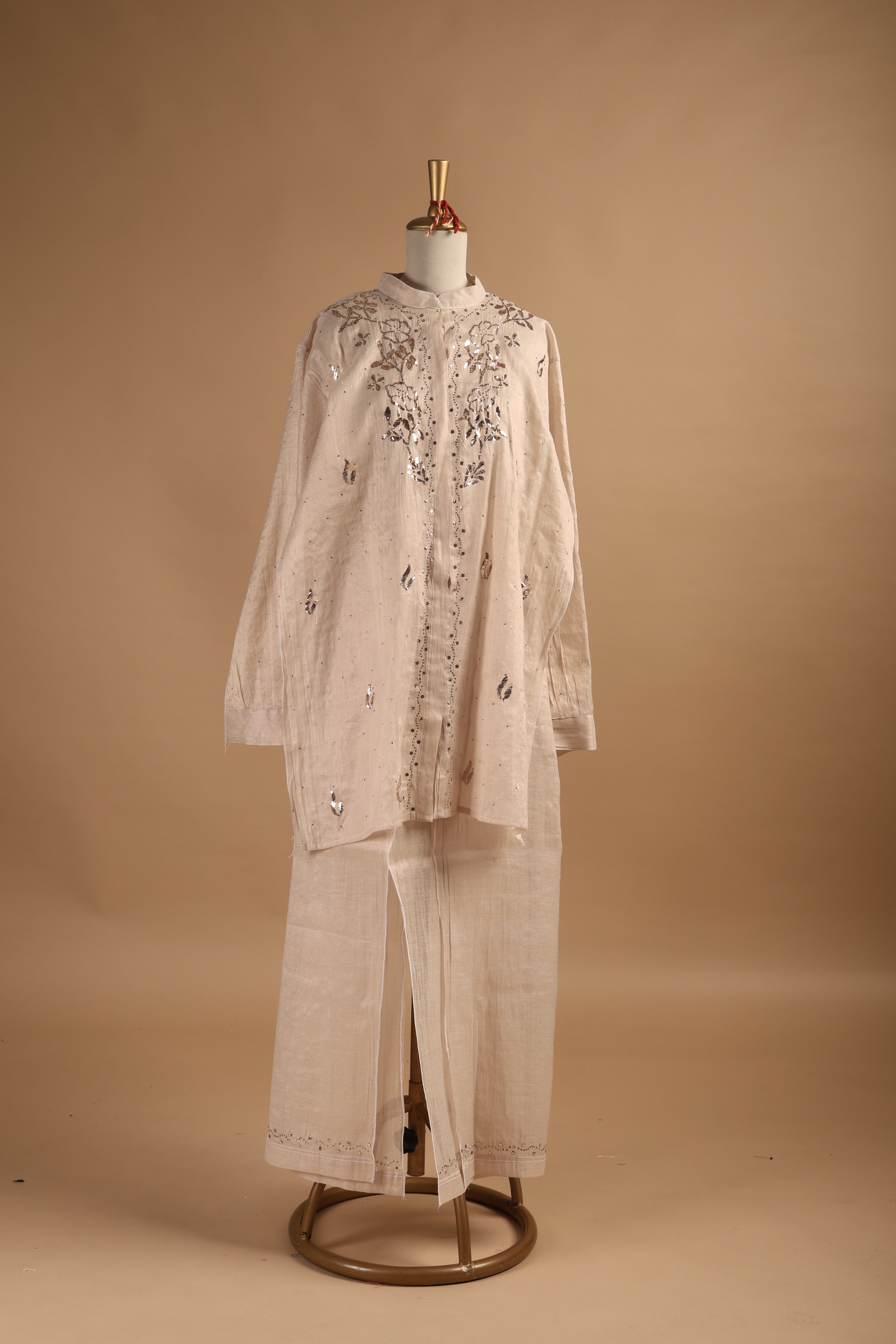 Golden Semi-Stitched Coord Set with Mukaish Work in Tissue Mul Chanderi