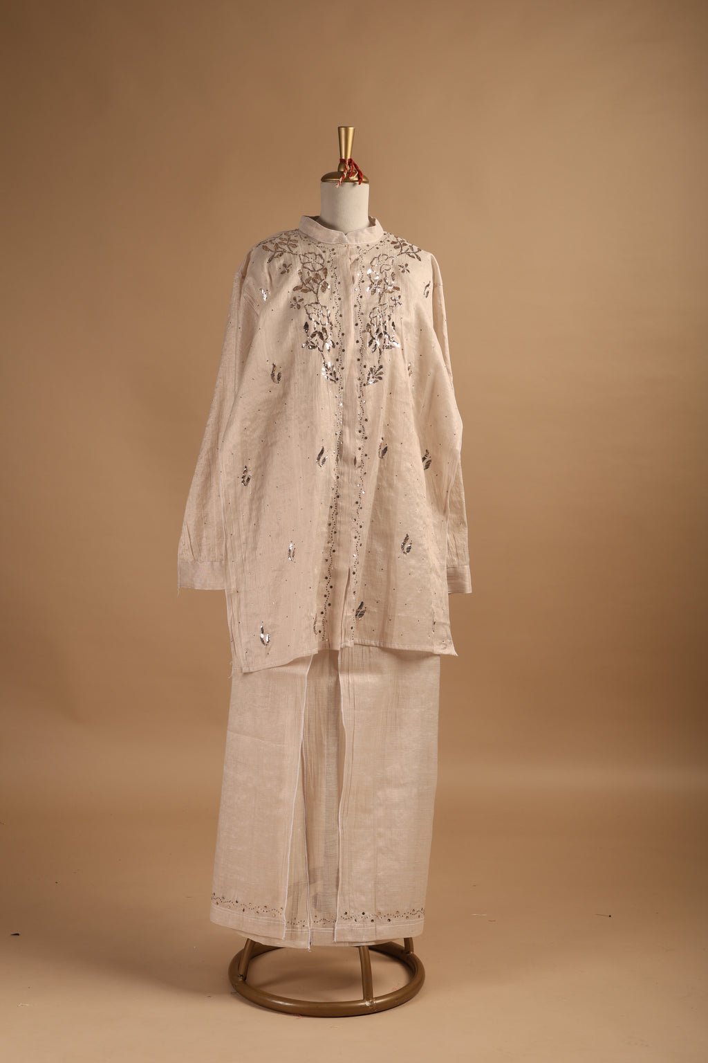 Golden Mukaish Work Semi-Stitched Coord Set in Mul Chanderi