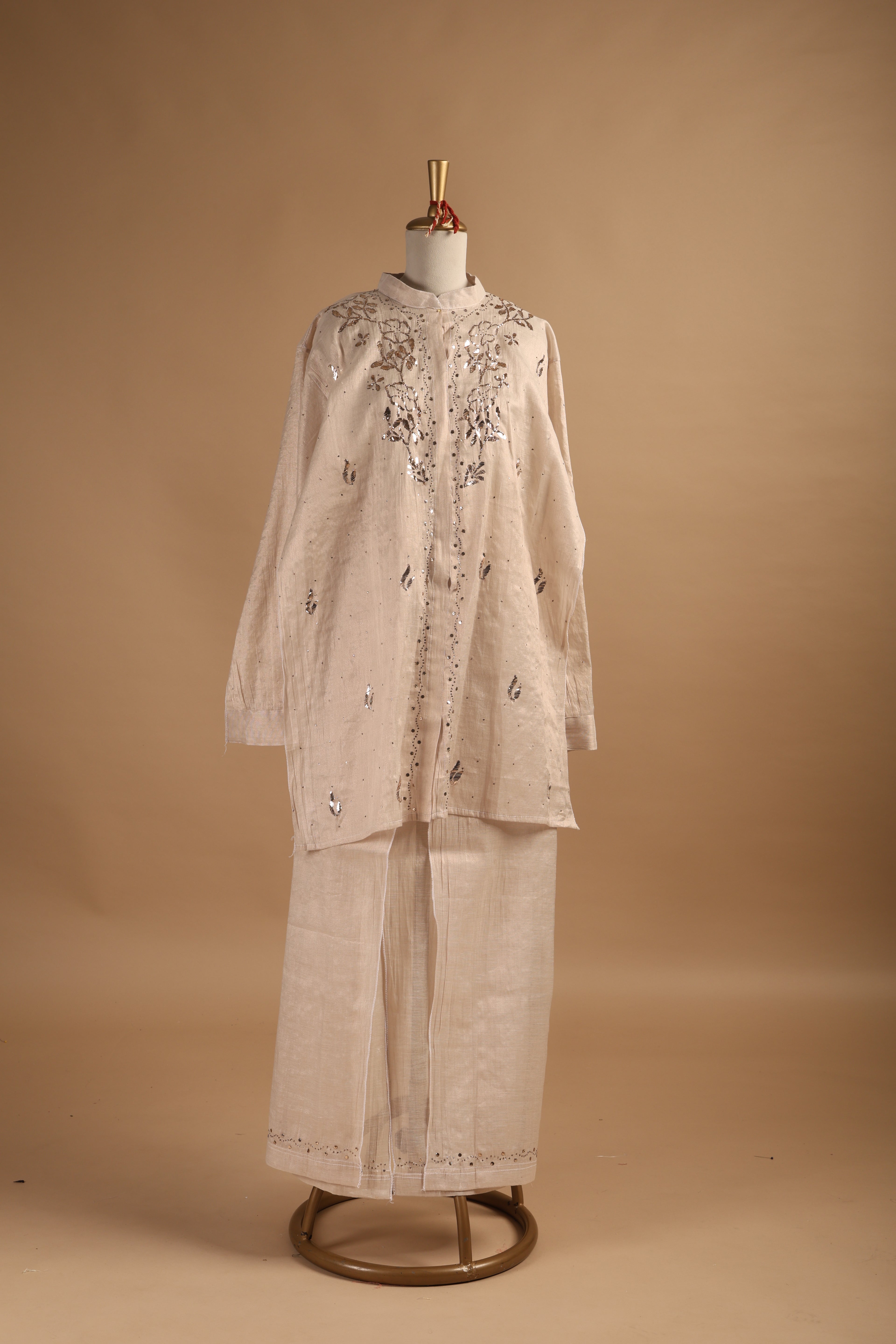 Golden Mukaish Work Semi-Stitched Coord Set in Mul Chanderi
