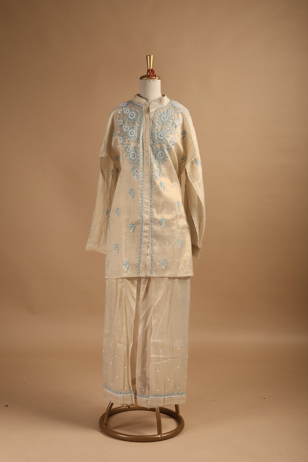 Golden Chikankari Semi-Stitched Coord Set with Blue Embroidery in Tissue Mul Chanderi