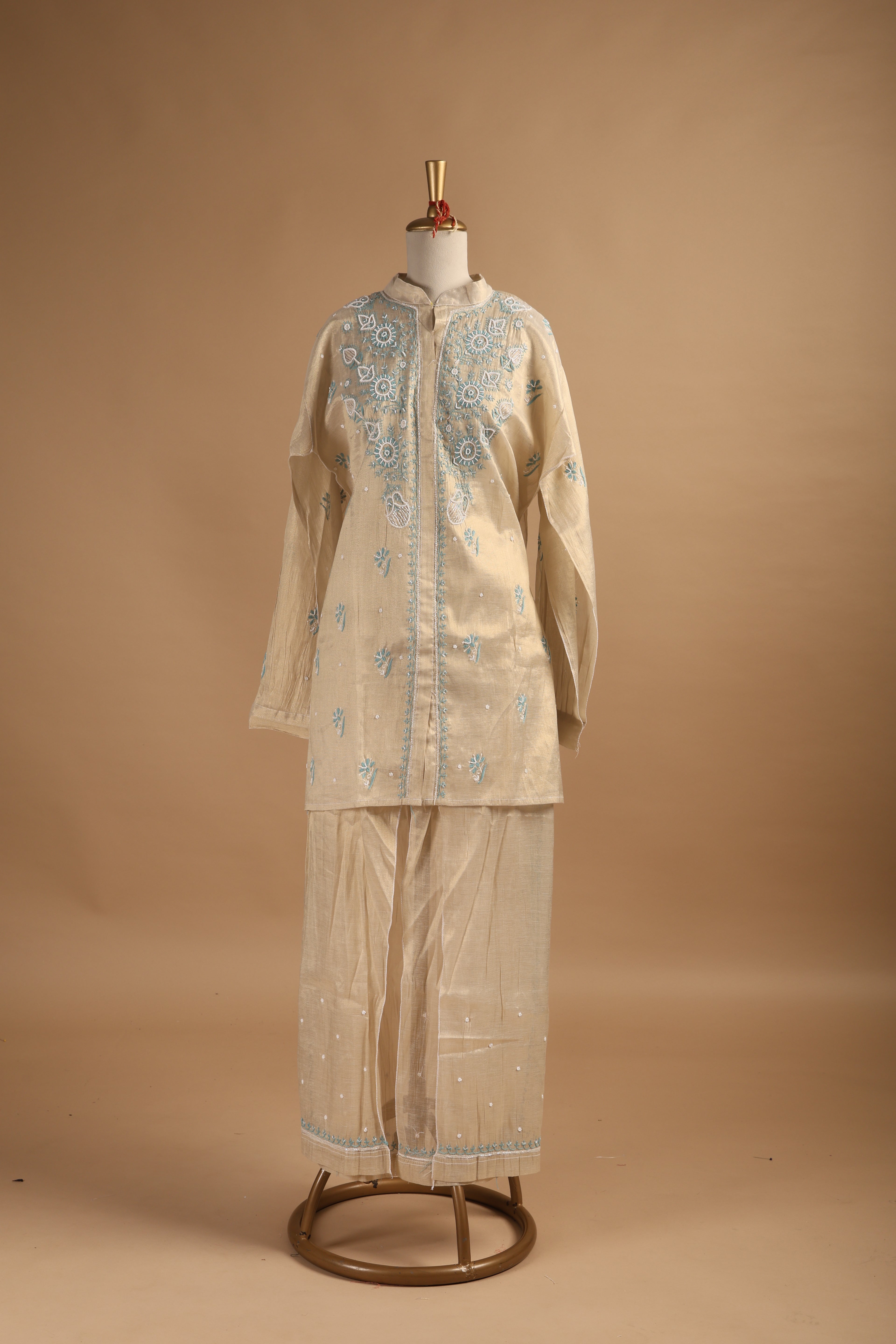 Golden Chikankari Semi-Stitched Coord Set with Blue Embroidery in Tissue Mul Chanderi