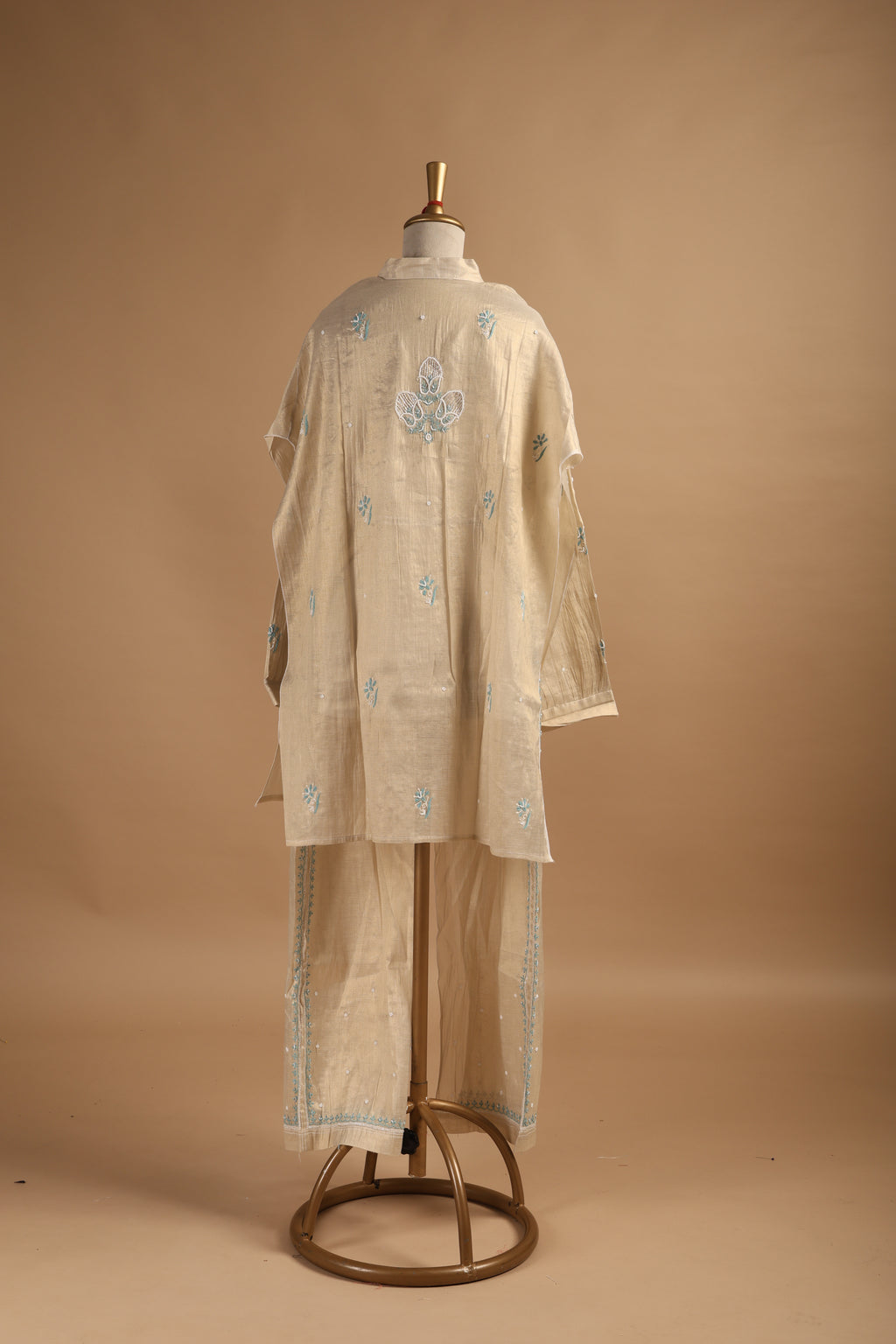 Golden Chikankari Semi-Stitched Coord Set with Blue Embroidery in Tissue Mul Chanderi