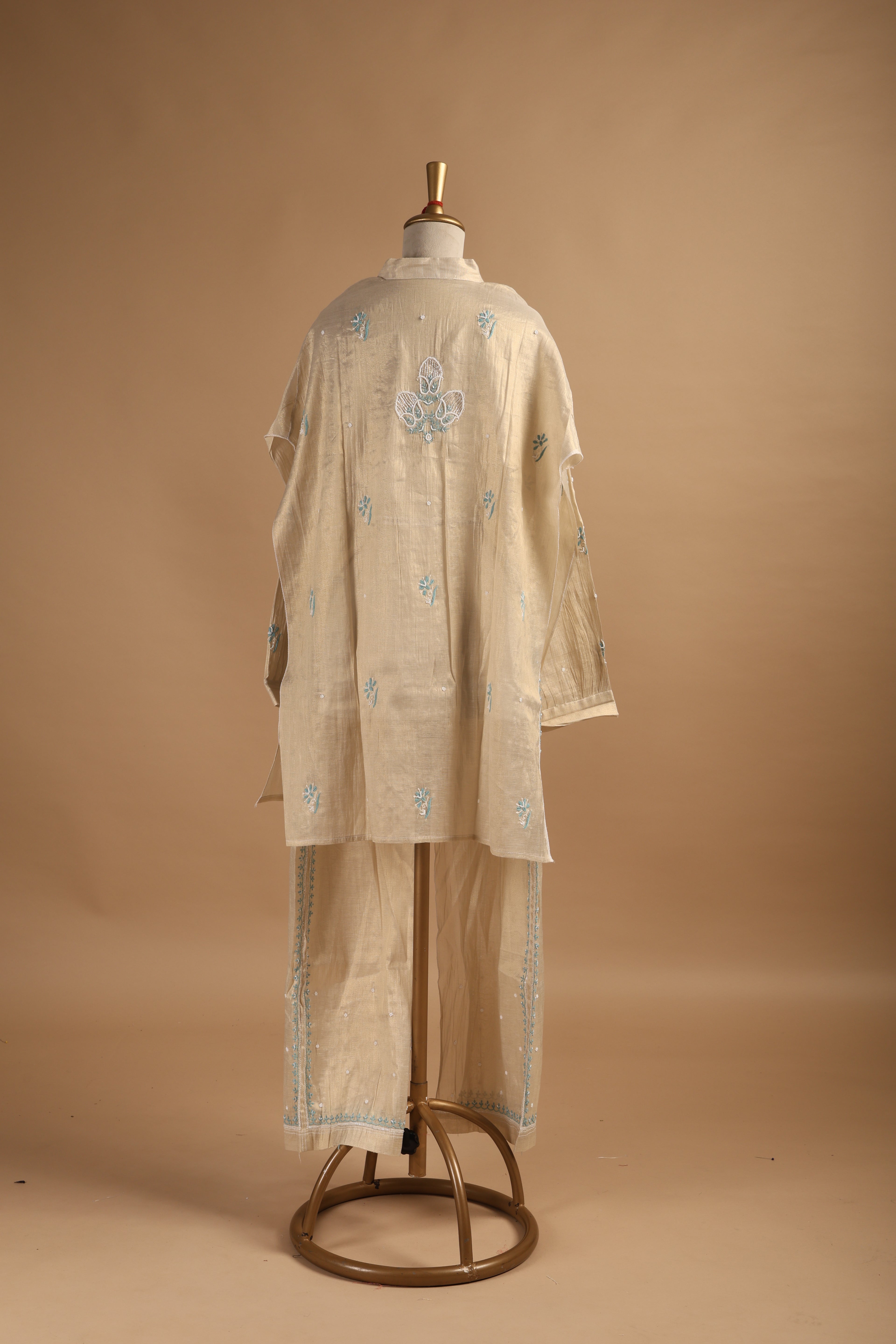 Golden Chikankari Semi-Stitched Coord Set with Blue Embroidery in Tissue Mul Chanderi