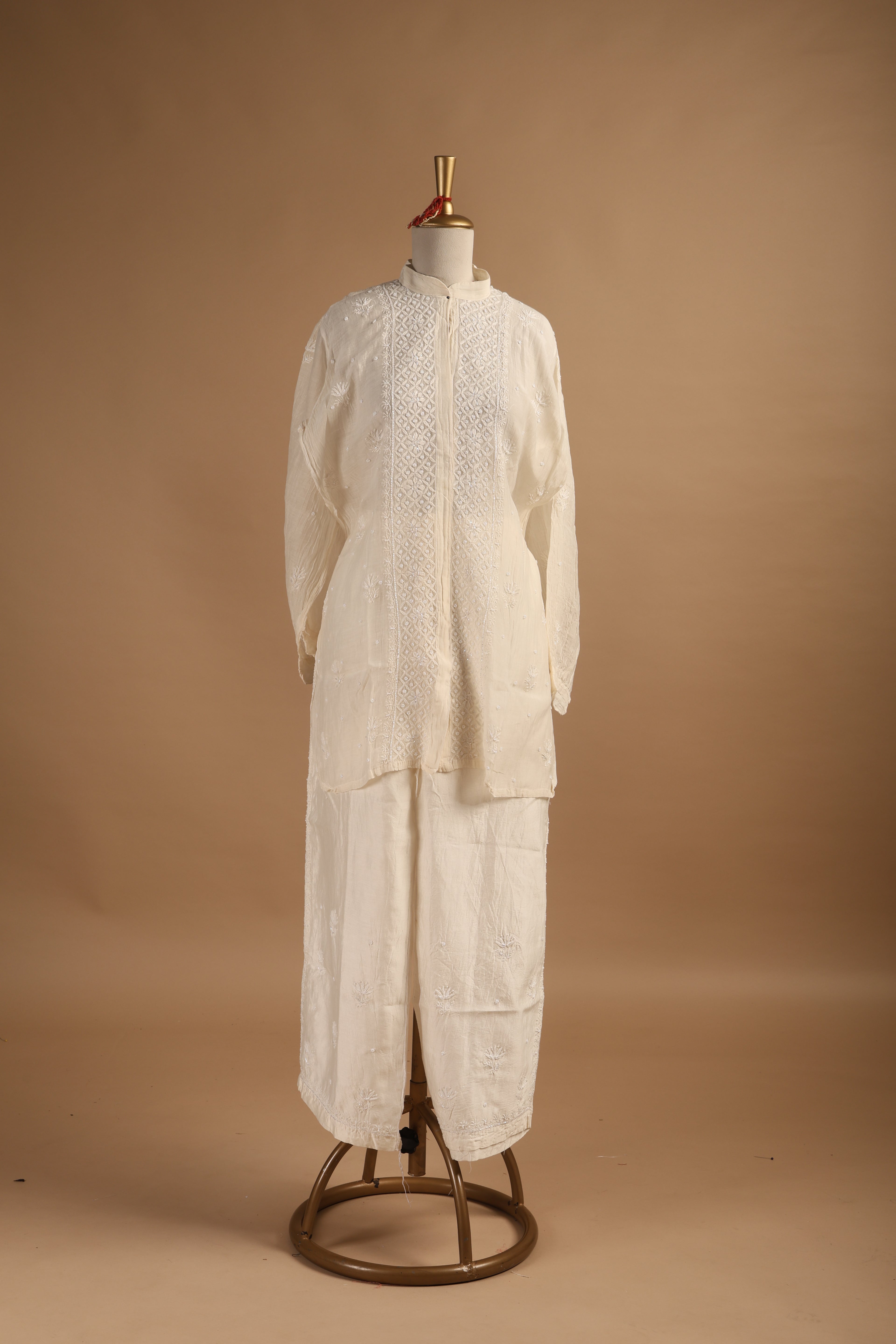 Golden Chikankari Semi-Stitched Coord Set in Tissue Mul Chanderi