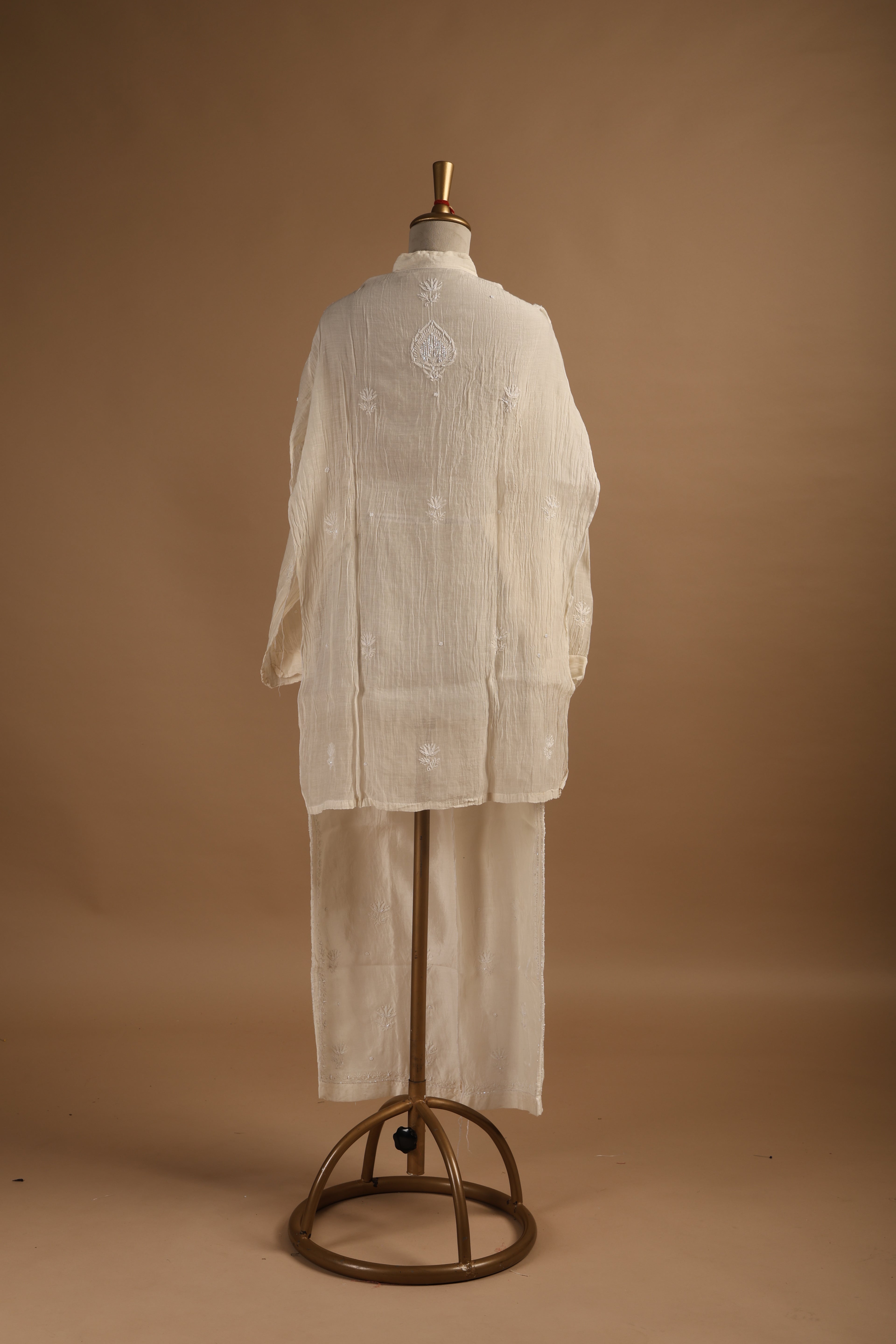Golden Chikankari Semi-Stitched Coord Set in Tissue Mul Chanderi