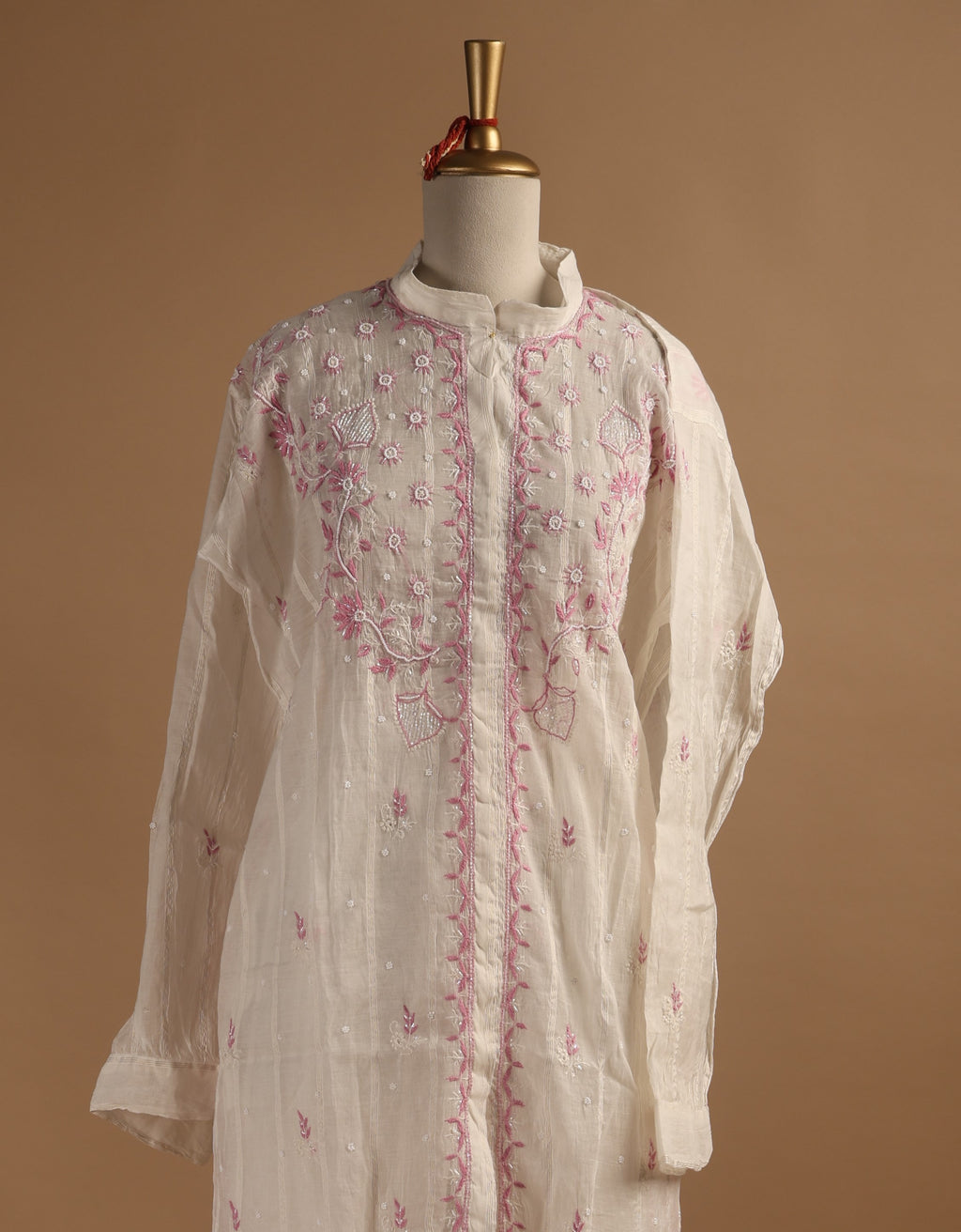 White Semi-Stitched Coord Set with Pink Embroidery in Mul Chanderi