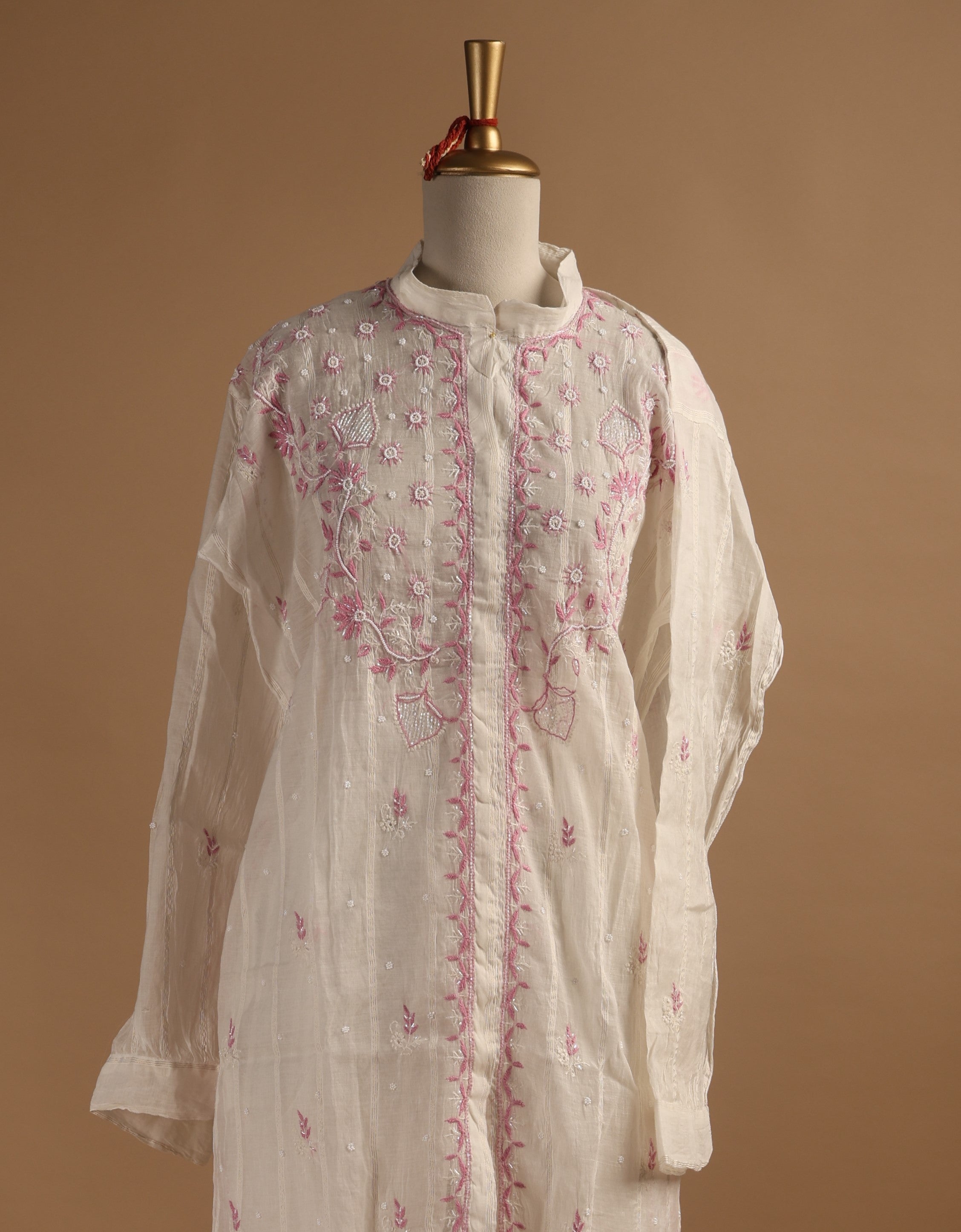 White Semi-Stitched Coord Set with Pink Embroidery in Mul Chanderi