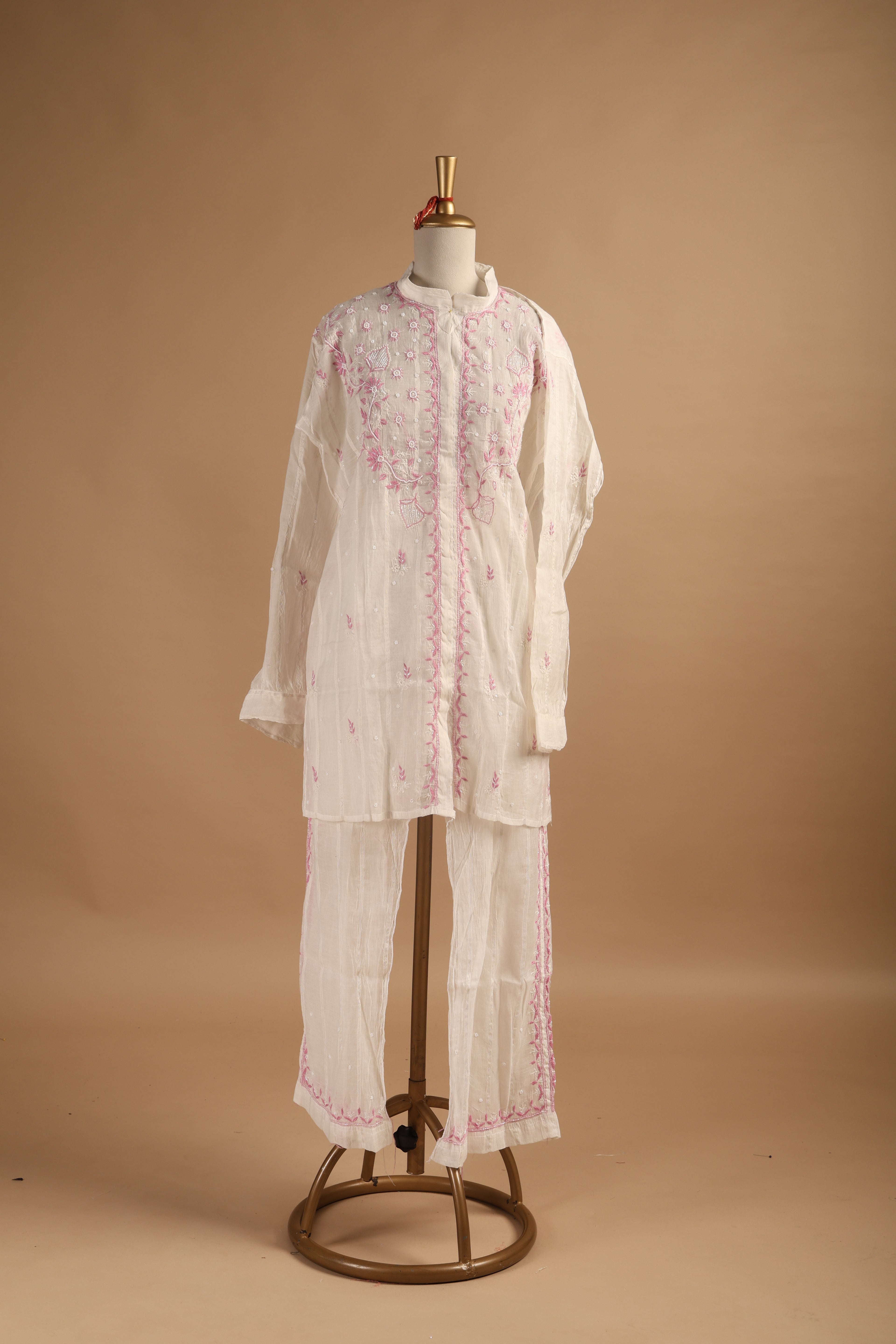 White Semi-Stitched Coord Set with Pink Embroidery in Mul Chanderi