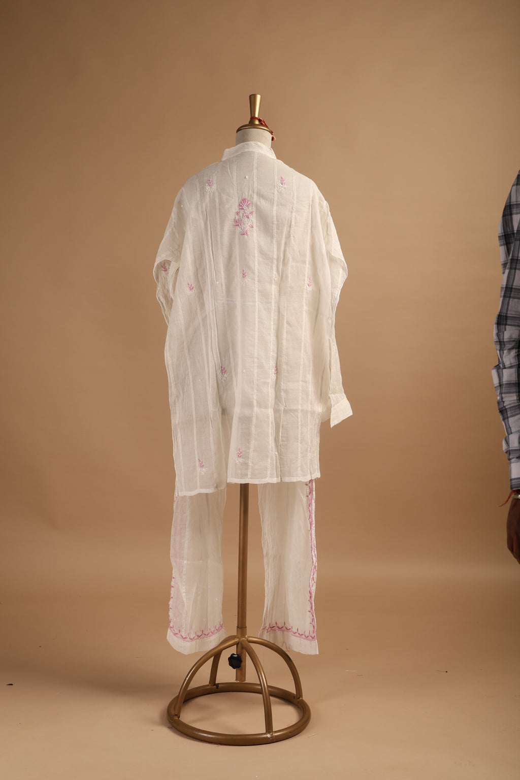 White Semi-Stitched Coord Set with Pink Embroidery in Mul Chanderi