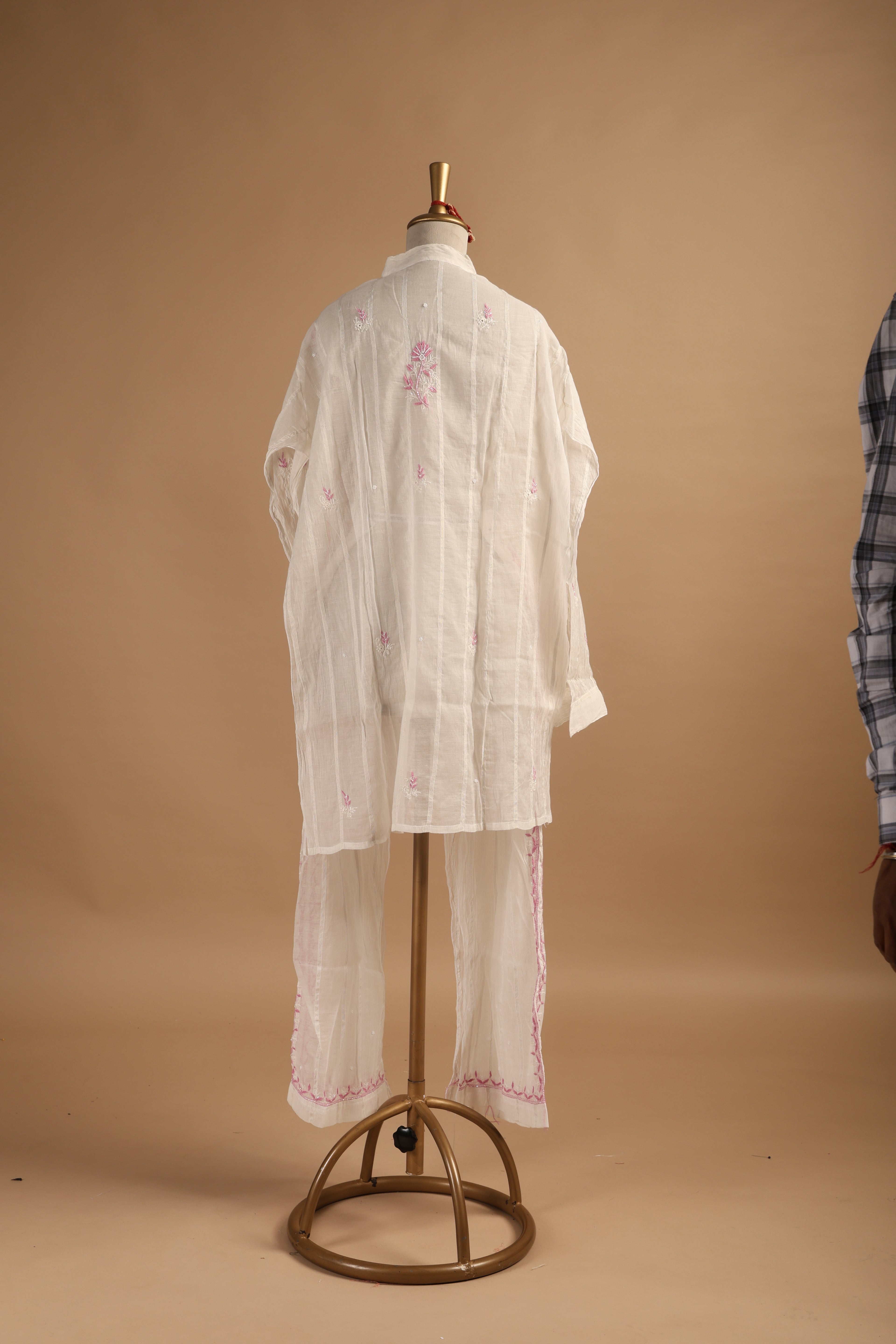 White Semi-Stitched Coord Set with Pink Embroidery in Mul Chanderi