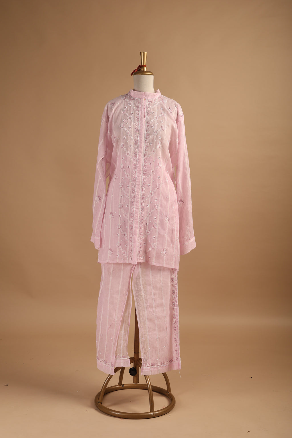 Pink Semi-Stitched Coord Set in Mul Chanderi