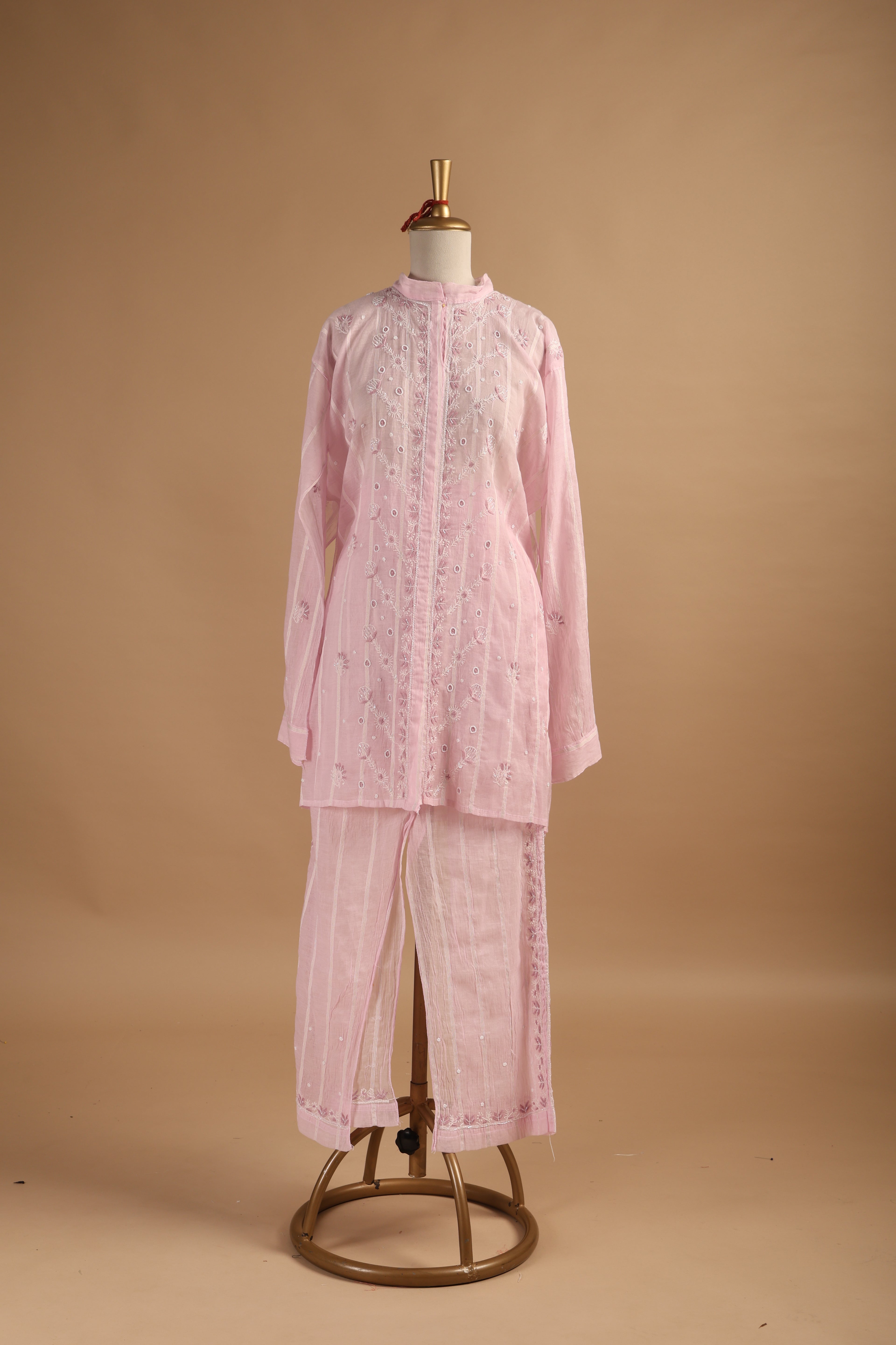 Pink Semi-Stitched Coord Set in Mul Chanderi