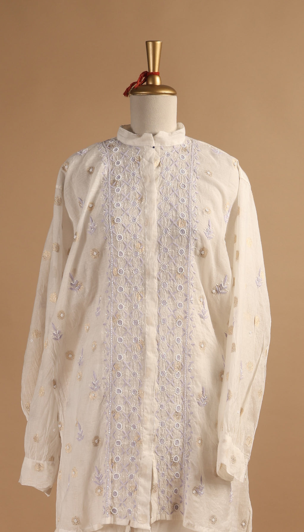 White Semi-Stitched Coord Set in Mul Chanderi with Woven Motifs & Tone-on-Tone Embroidery