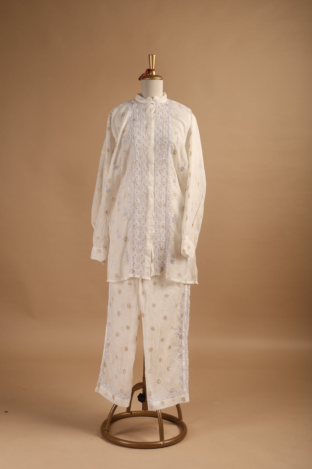White Semi-Stitched Coord Set in Mul Chanderi with Woven Motifs & Tone-on-Tone Embroidery