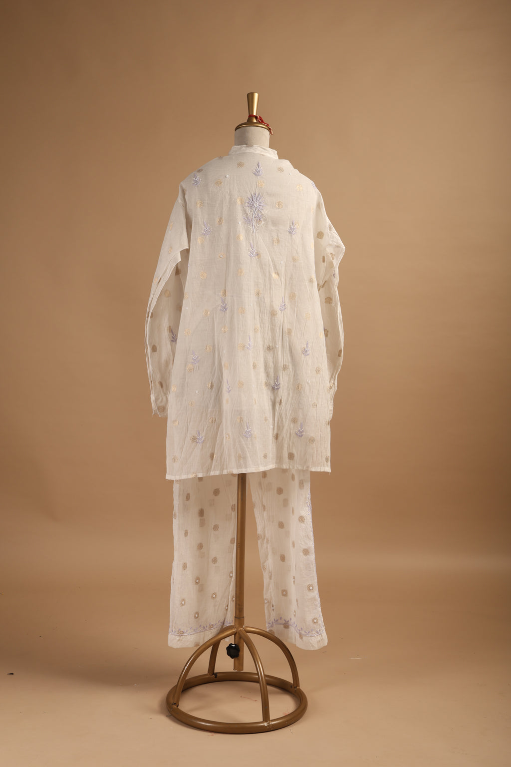 White Semi-Stitched Coord Set in Mul Chanderi with Woven Motifs & Tone-on-Tone Embroidery