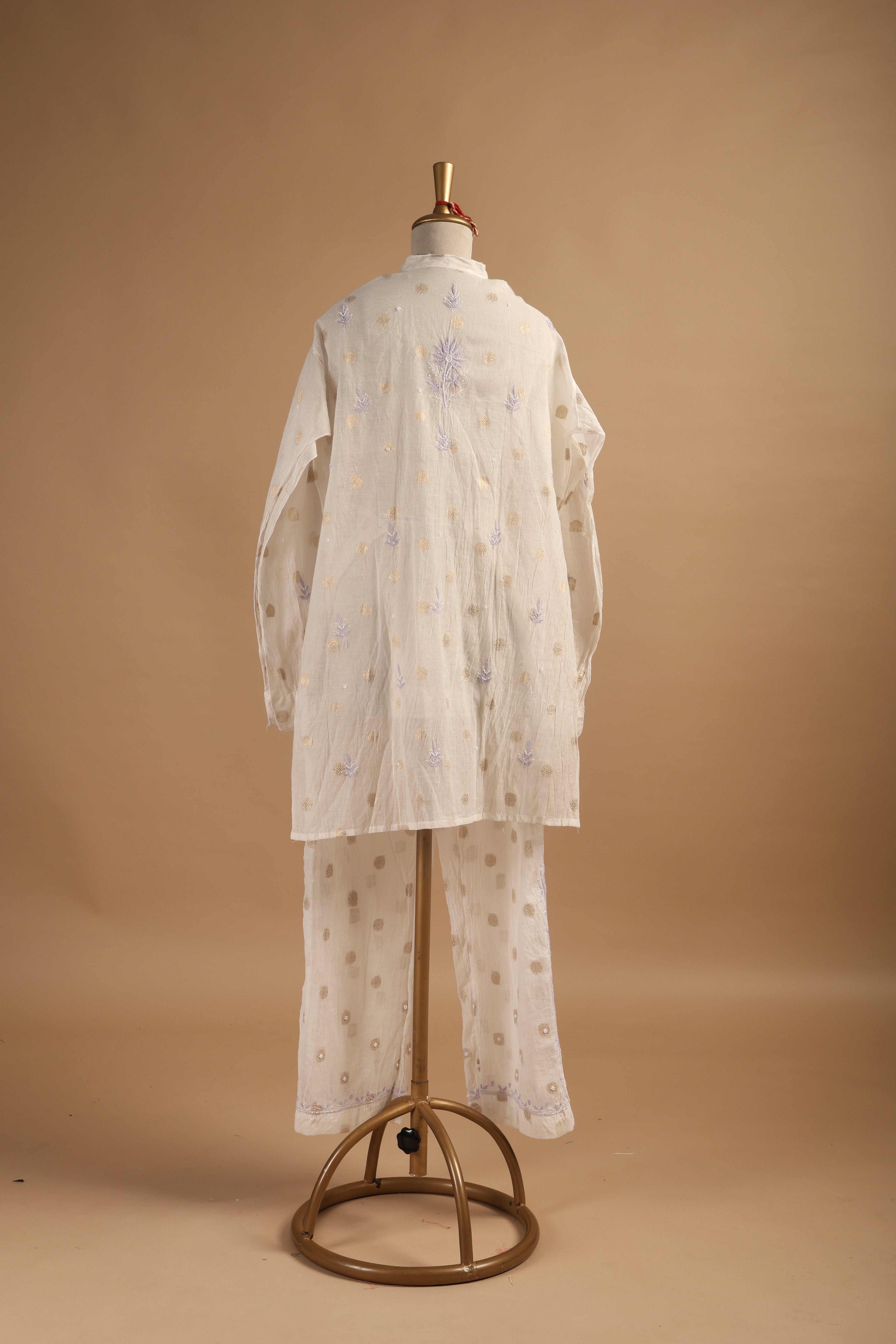 White Semi-Stitched Coord Set in Mul Chanderi with Woven Motifs & Tone-on-Tone Embroidery