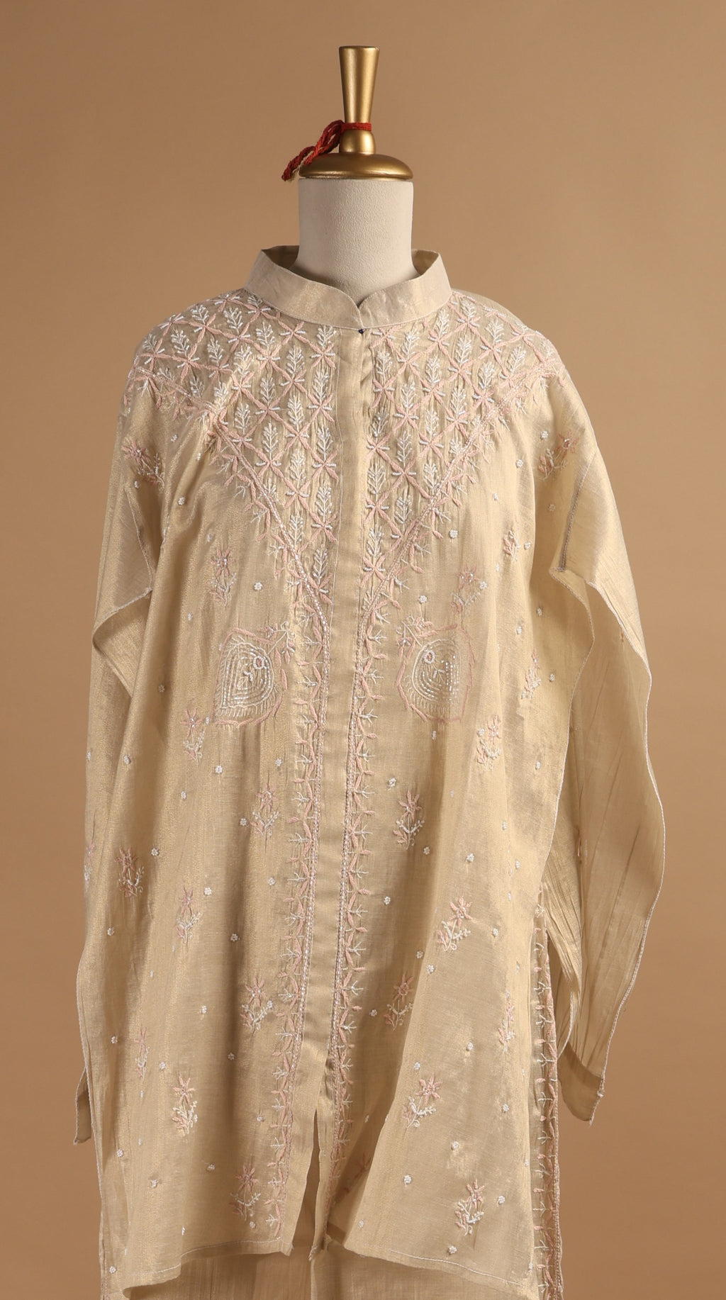 Golden Tissue Mul Chanderi Semi-Stitched Coord Set with Light Pink Embroidery