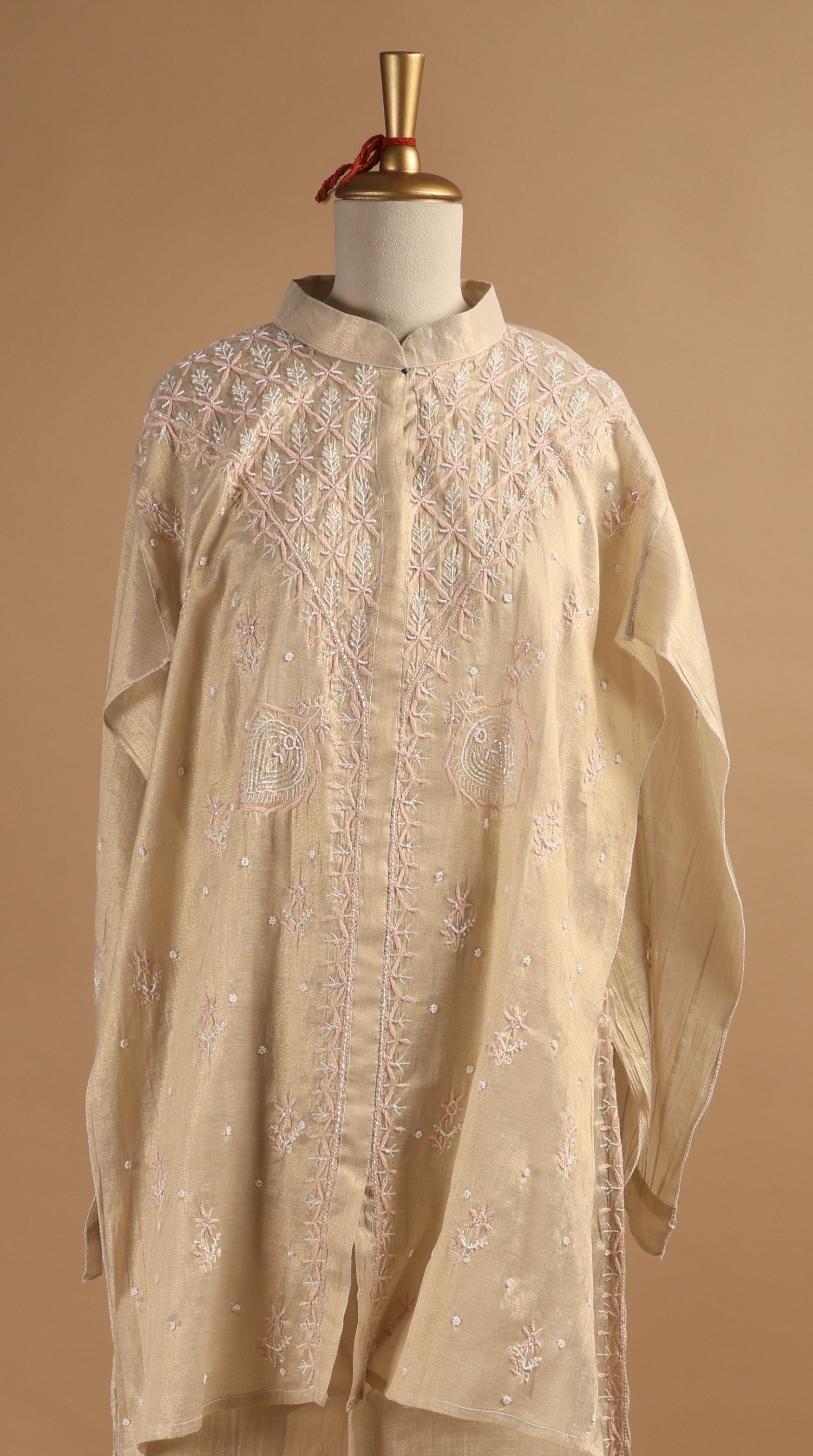 Golden Tissue Mul Chanderi Semi-Stitched Coord Set with Light Pink Embroidery