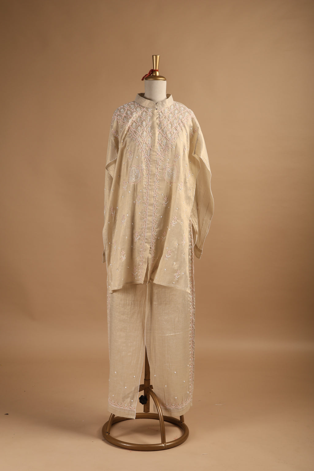 Golden Tissue Mul Chanderi Semi-Stitched Coord Set with Light Pink Embroidery