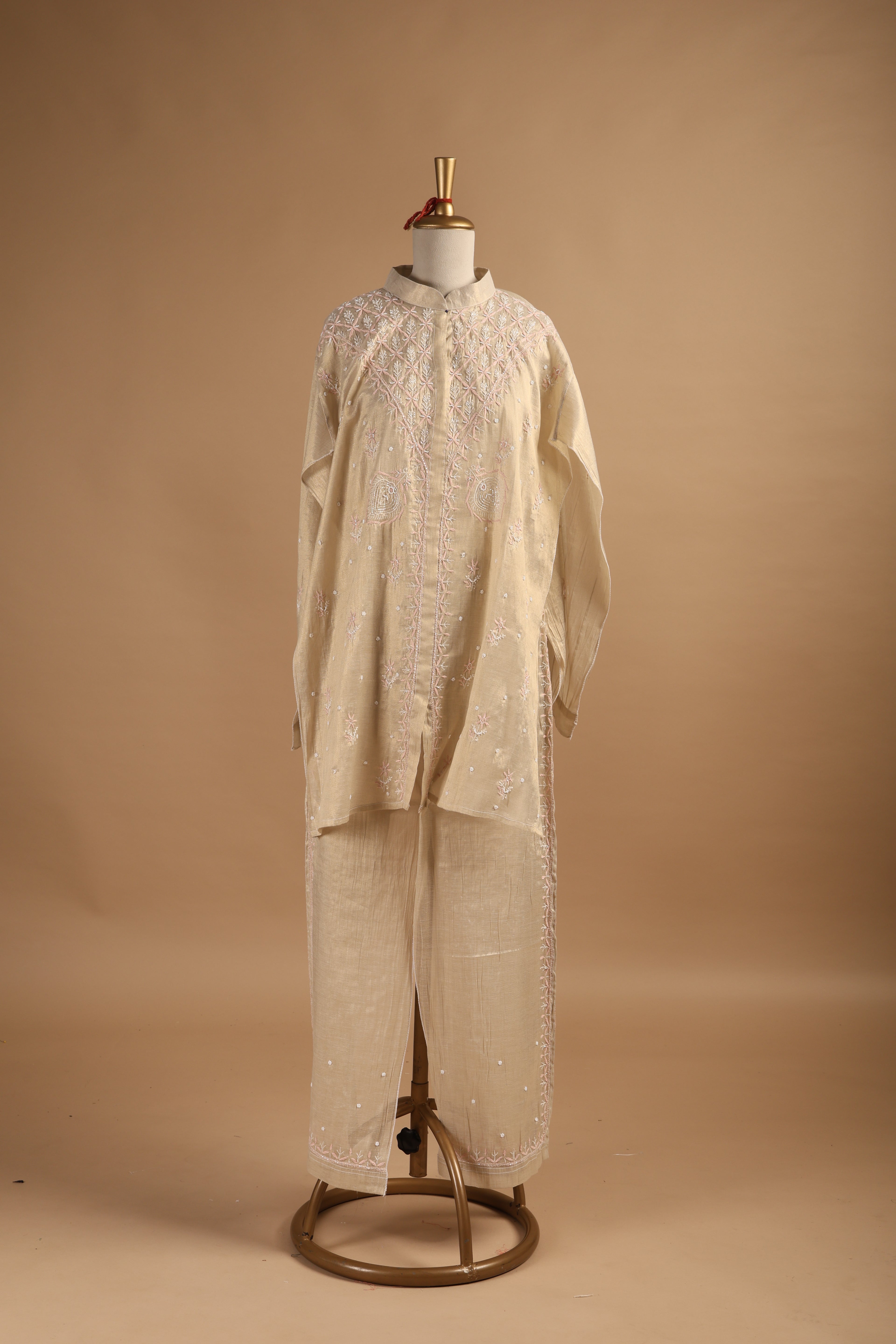 Golden Tissue Mul Chanderi Semi-Stitched Coord Set with Light Pink Embroidery