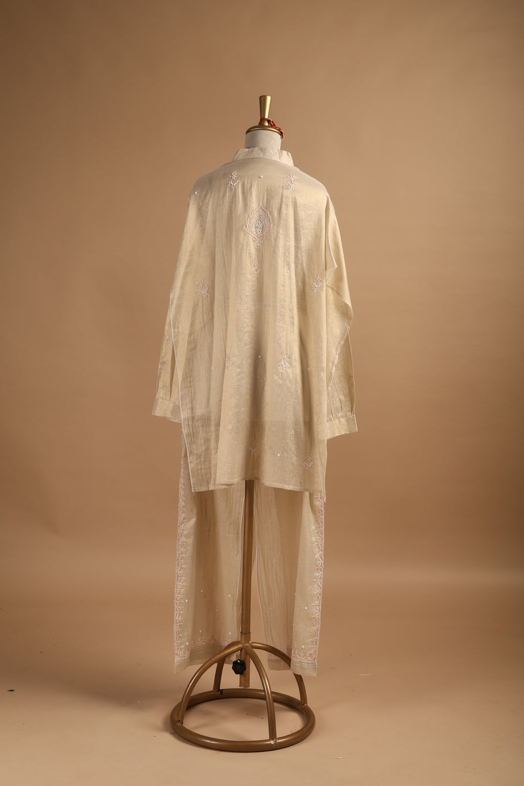 Golden Tissue Mul Chanderi Semi-Stitched Coord Set with Light Pink Embroidery