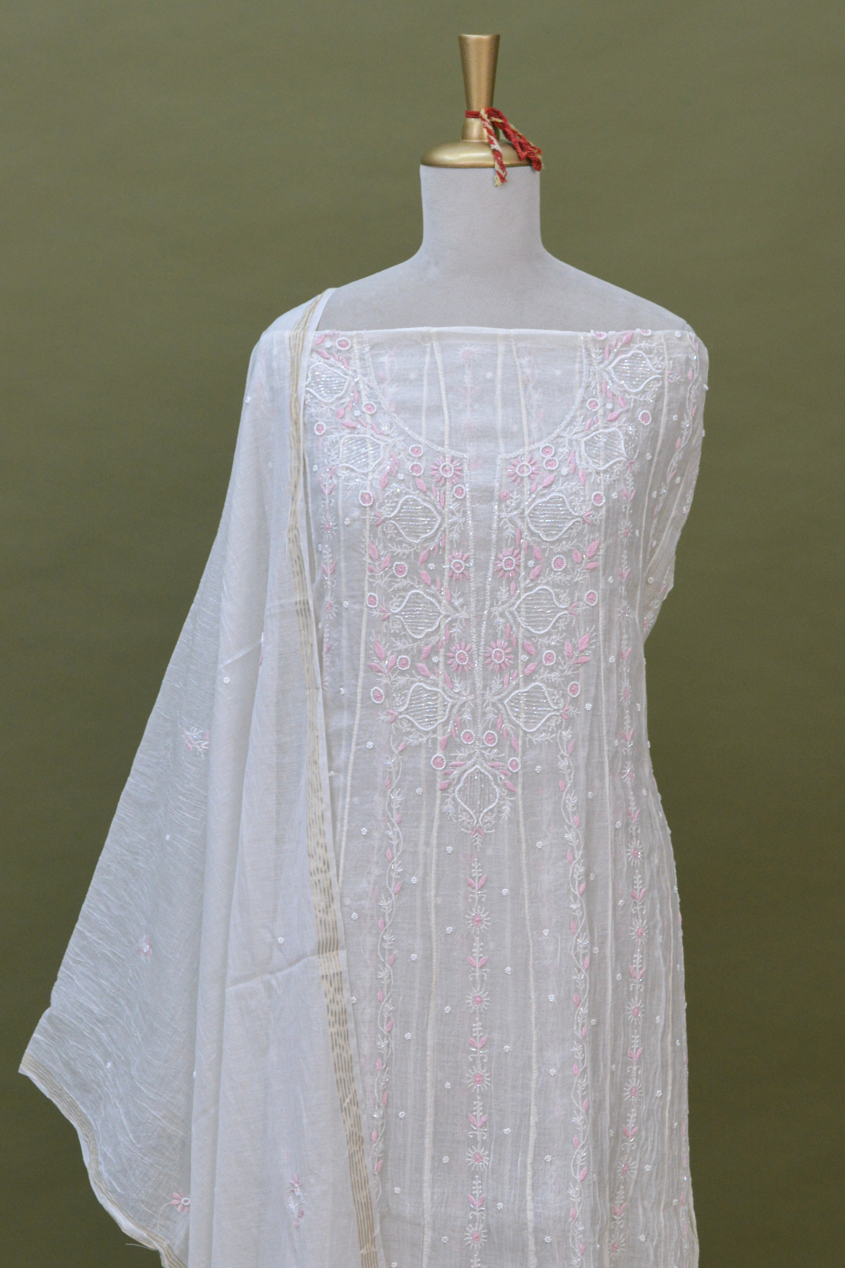 Ivory Mul Mul Cotton Chikankari Anarkali Fabric with Dupatta – Unstitched 2-Piece Set