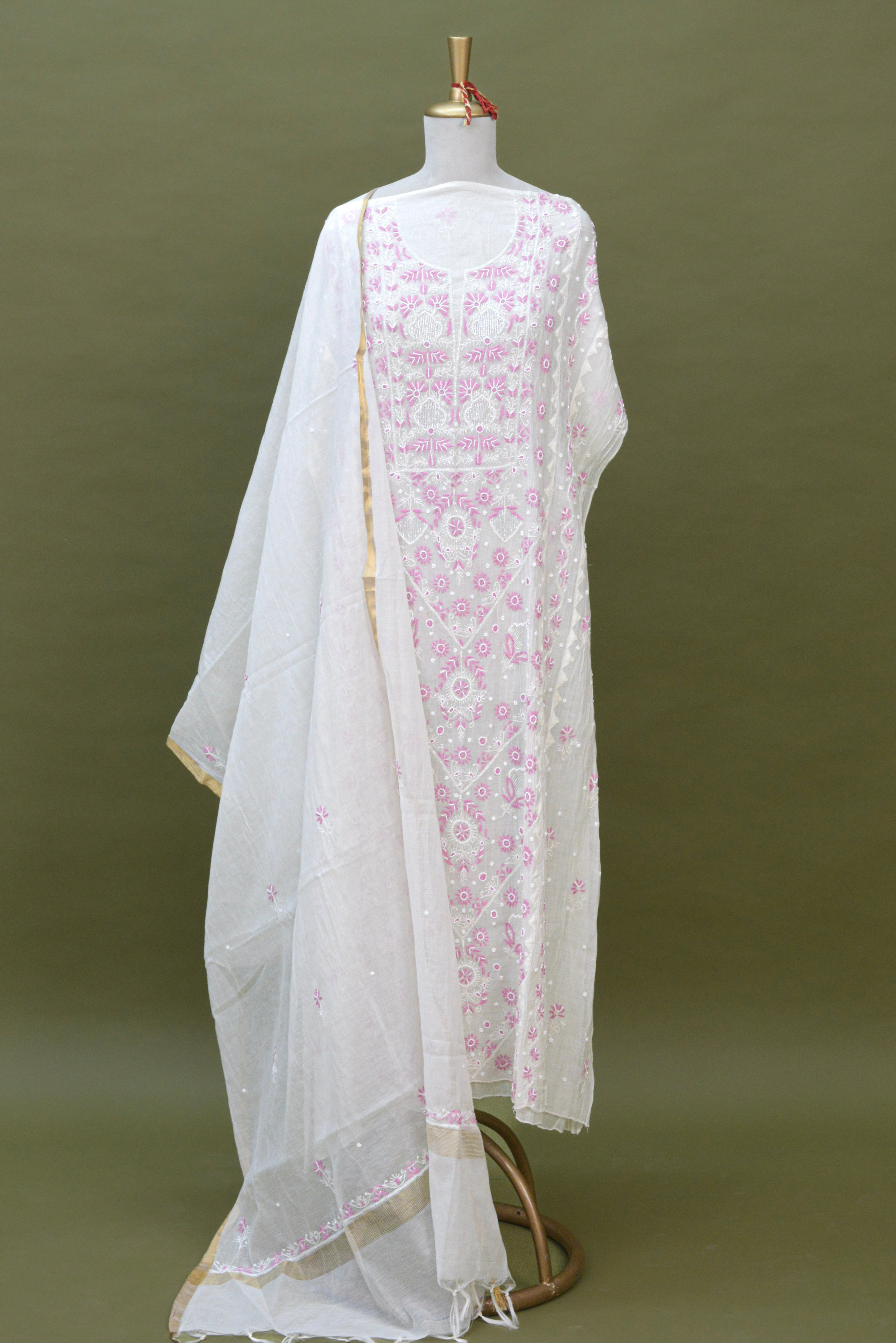 Ivory & Blush Pink Mul Mul Cotton Chikankari Kurta Fabric with Dupatta – Unstitched 2-Piece Set