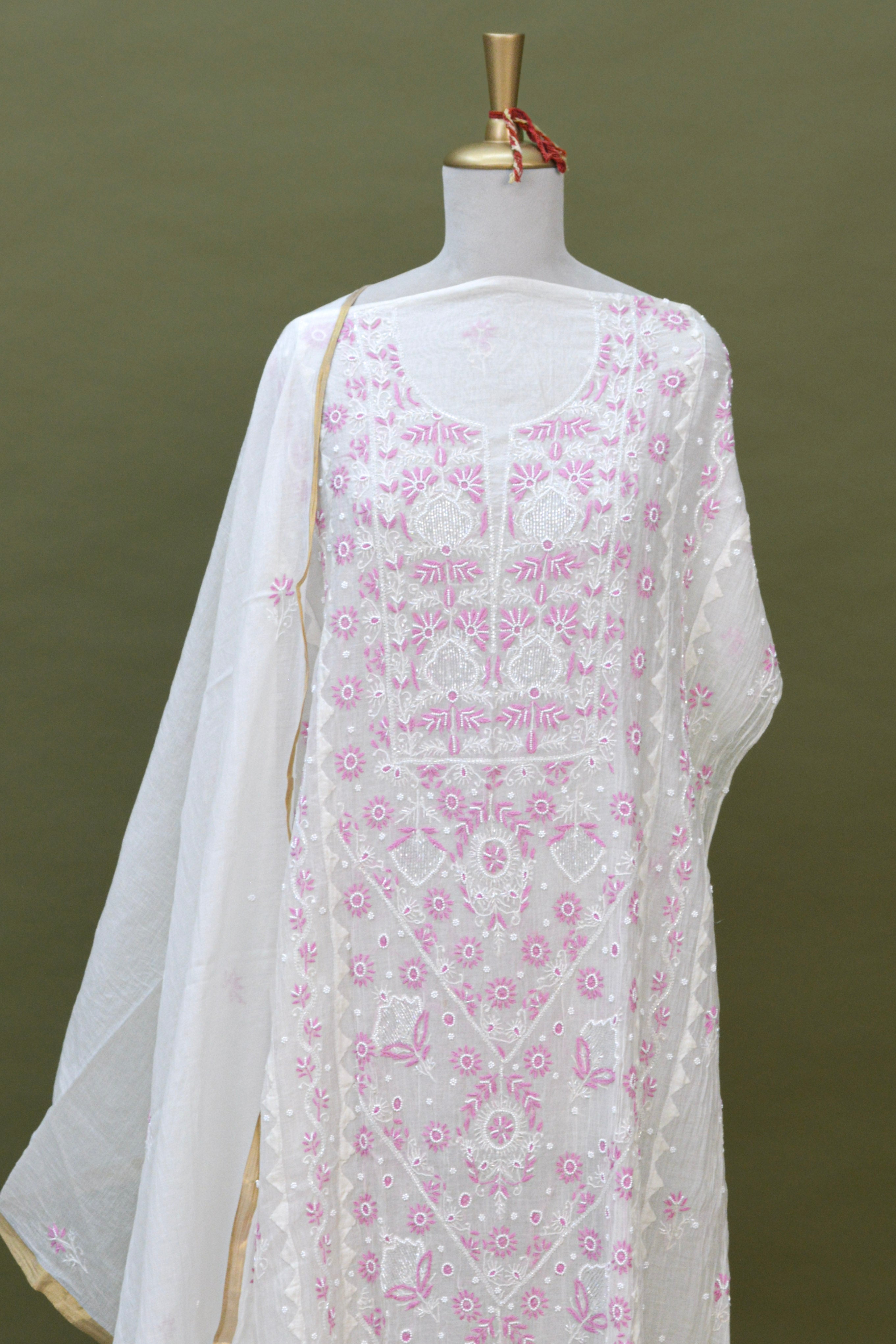 Ivory & Blush Pink Mul Mul Cotton Chikankari Kurta Fabric with Dupatta – Unstitched 2-Piece Set