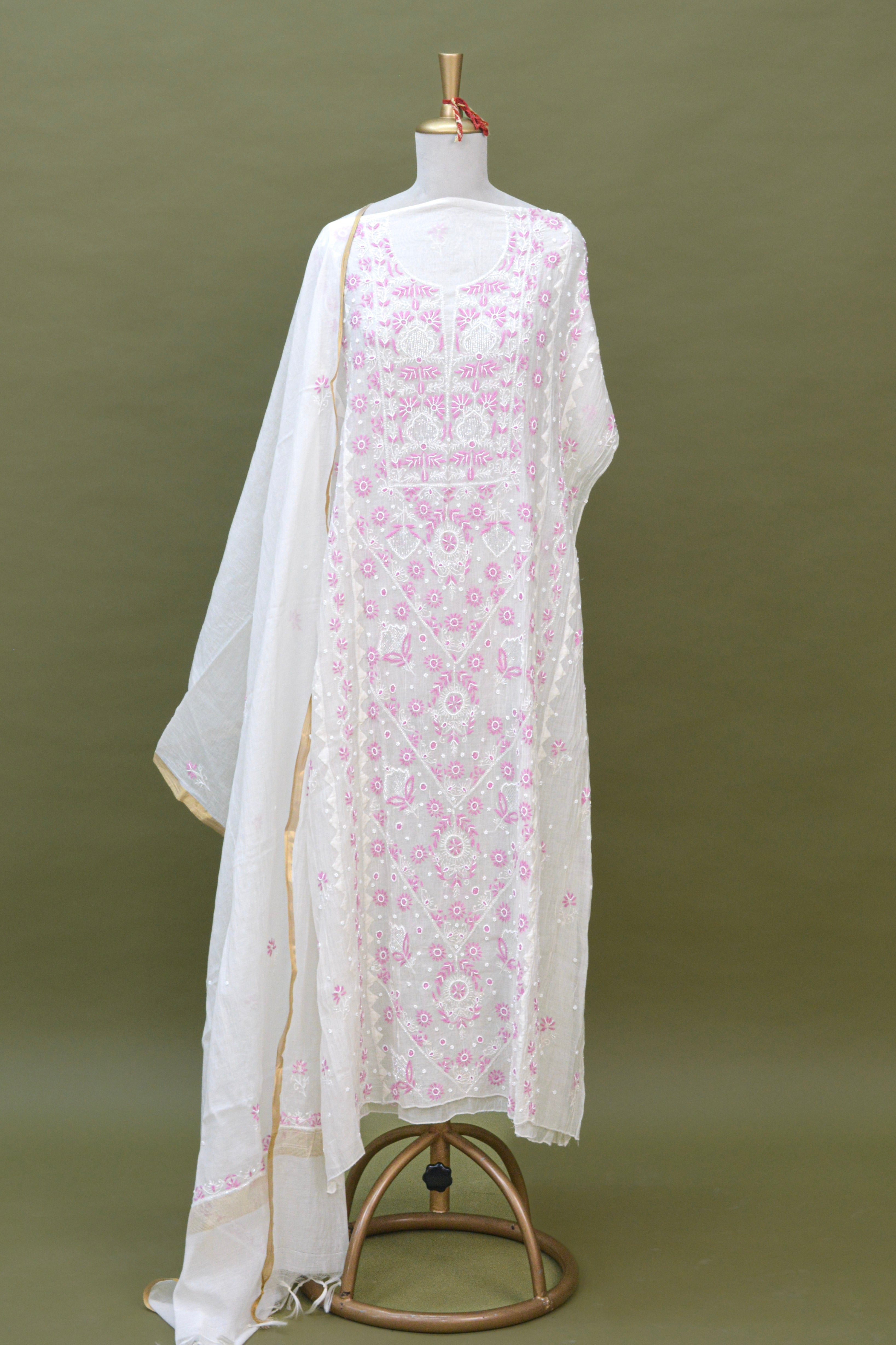 Ivory & Blush Pink Mul Mul Cotton Chikankari Kurta Fabric with Dupatta – Unstitched 2-Piece Set
