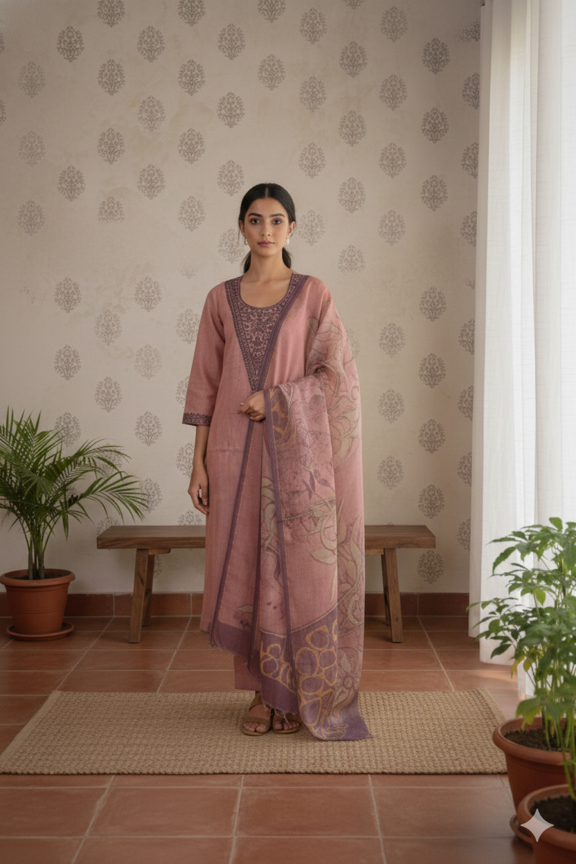 Dusty Rose Linen Cotton Jamdani Suit Set with Dori Work – Unstitched 3-Piece