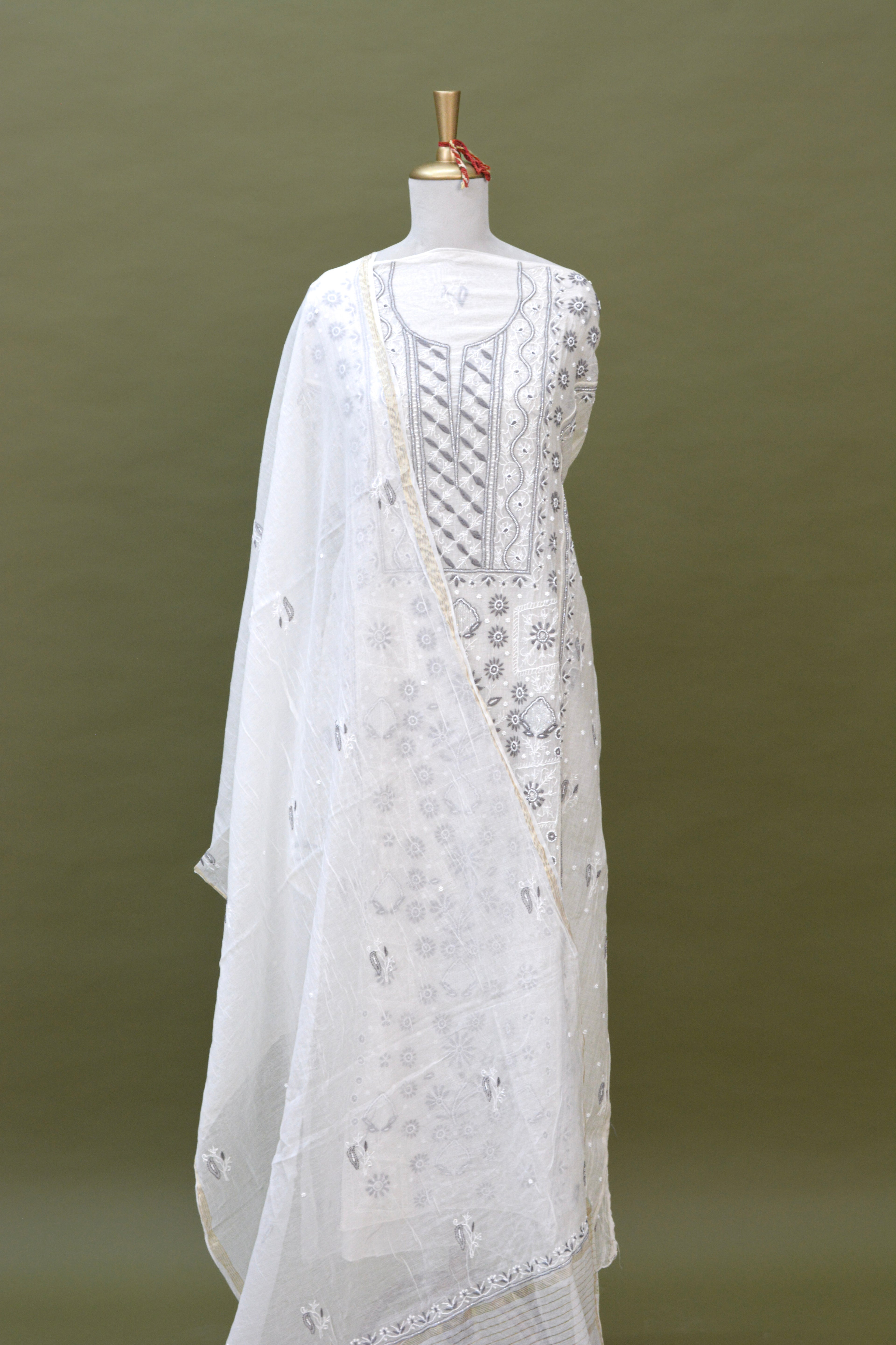 Ivory Mul Mul Cotton Chikankari Kurta Fabric with Dupatta – Unstitched 2-Piece Set