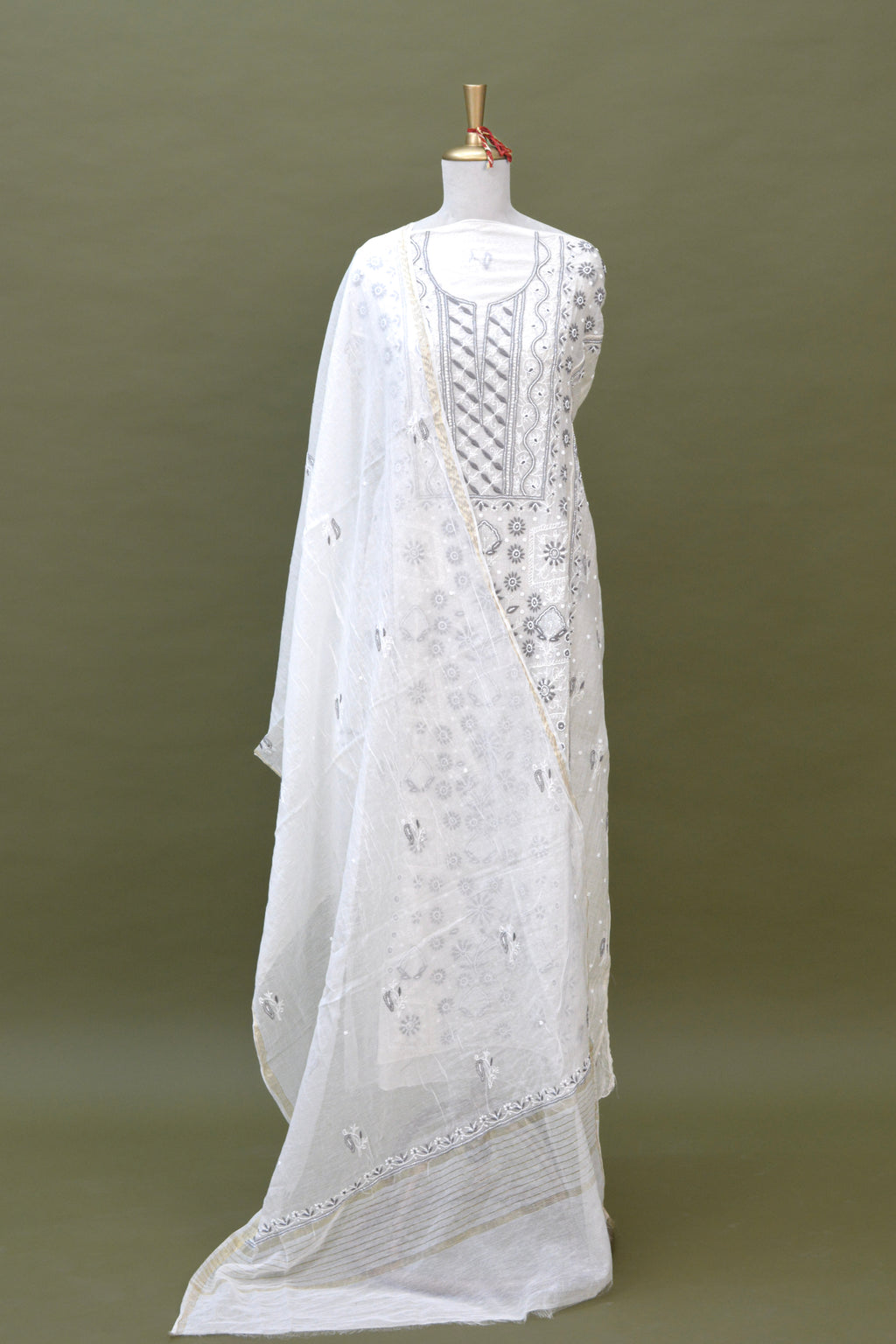 Ivory Mul Mul Cotton Chikankari Kurta Fabric with Dupatta – Unstitched 2-Piece Set