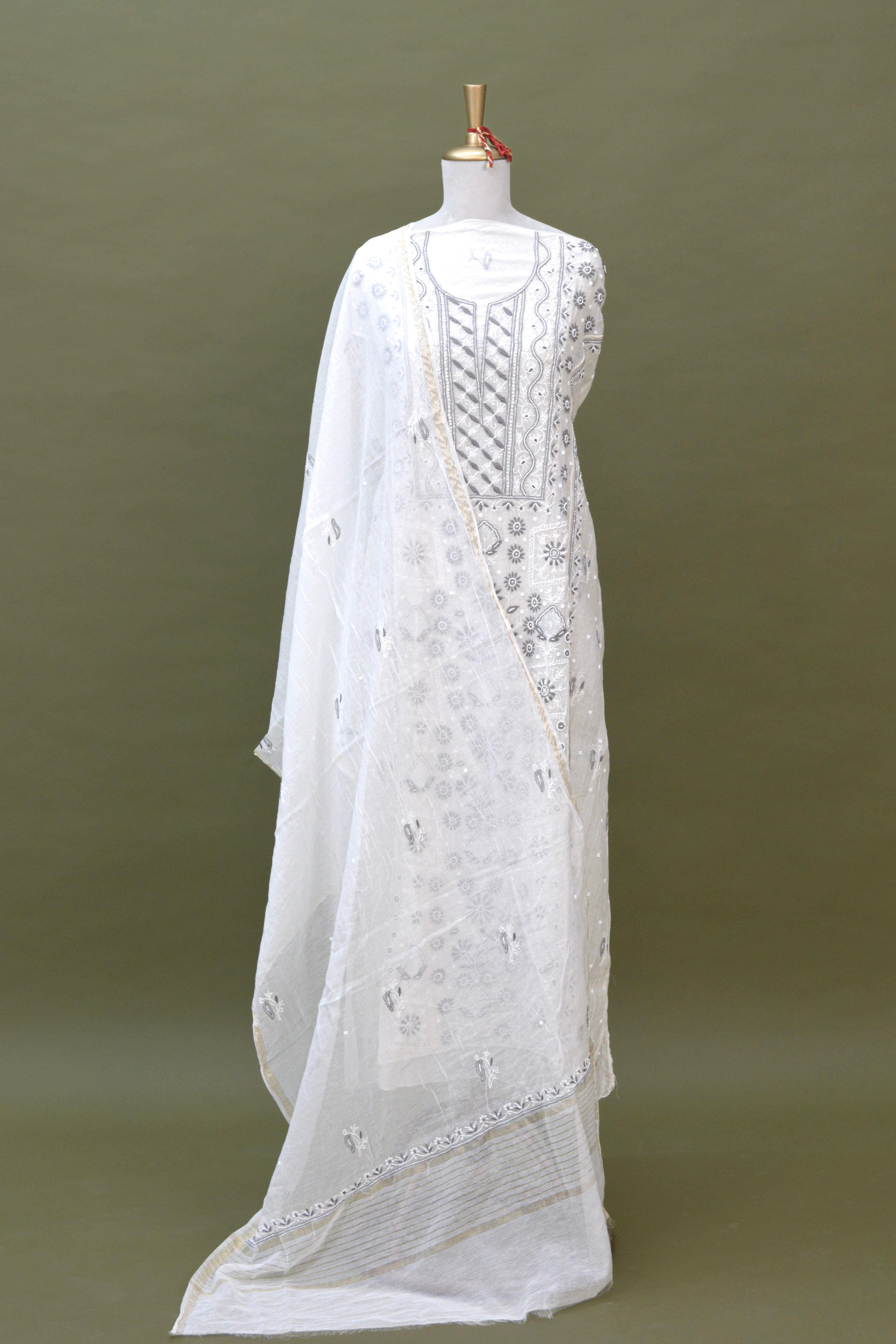 Ivory Mul Mul Cotton Chikankari Kurta Fabric with Dupatta – Unstitched 2-Piece Set