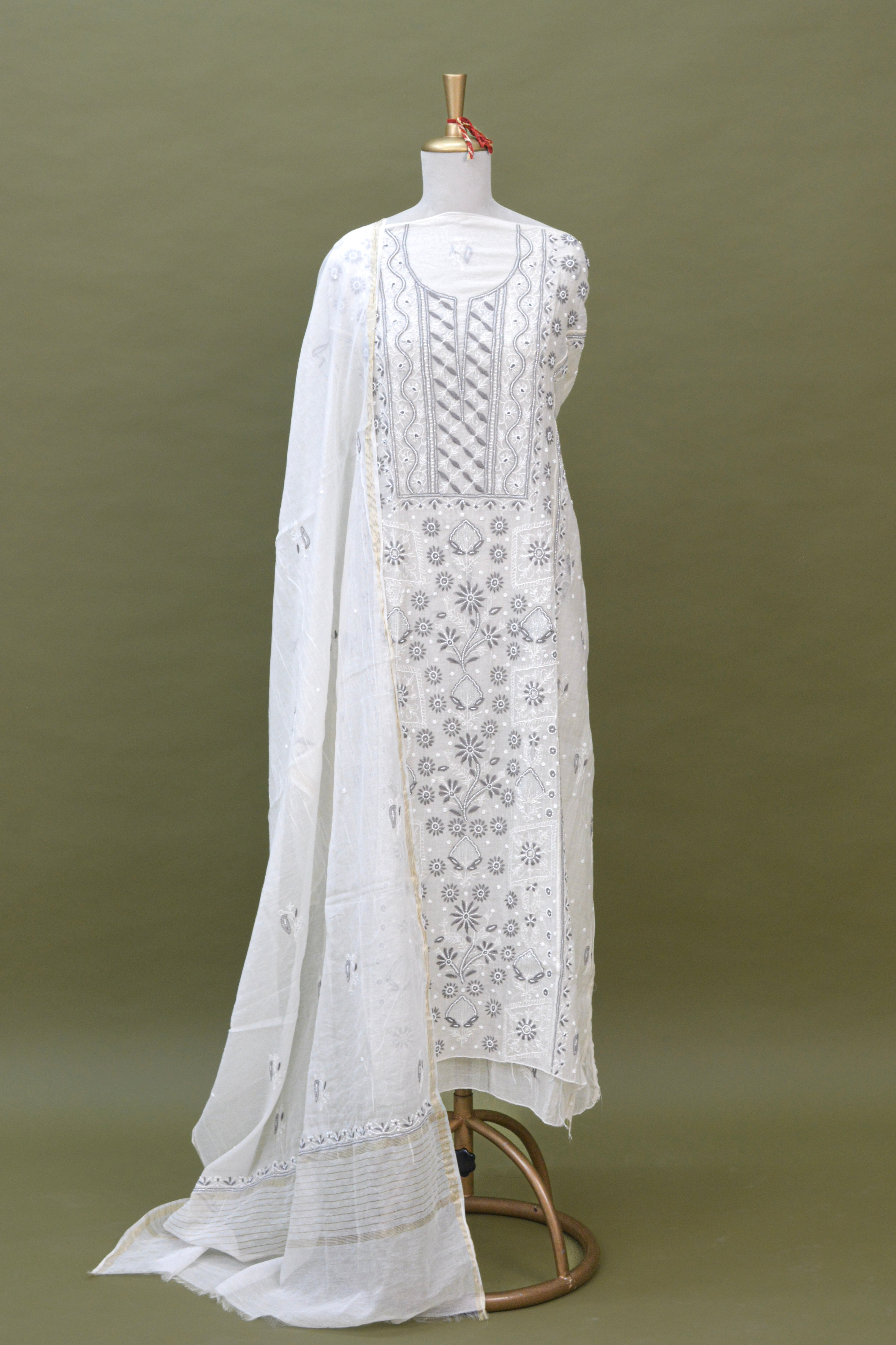 Ivory Mul Mul Cotton Chikankari Kurta Fabric with Dupatta – Unstitched 2-Piece Set