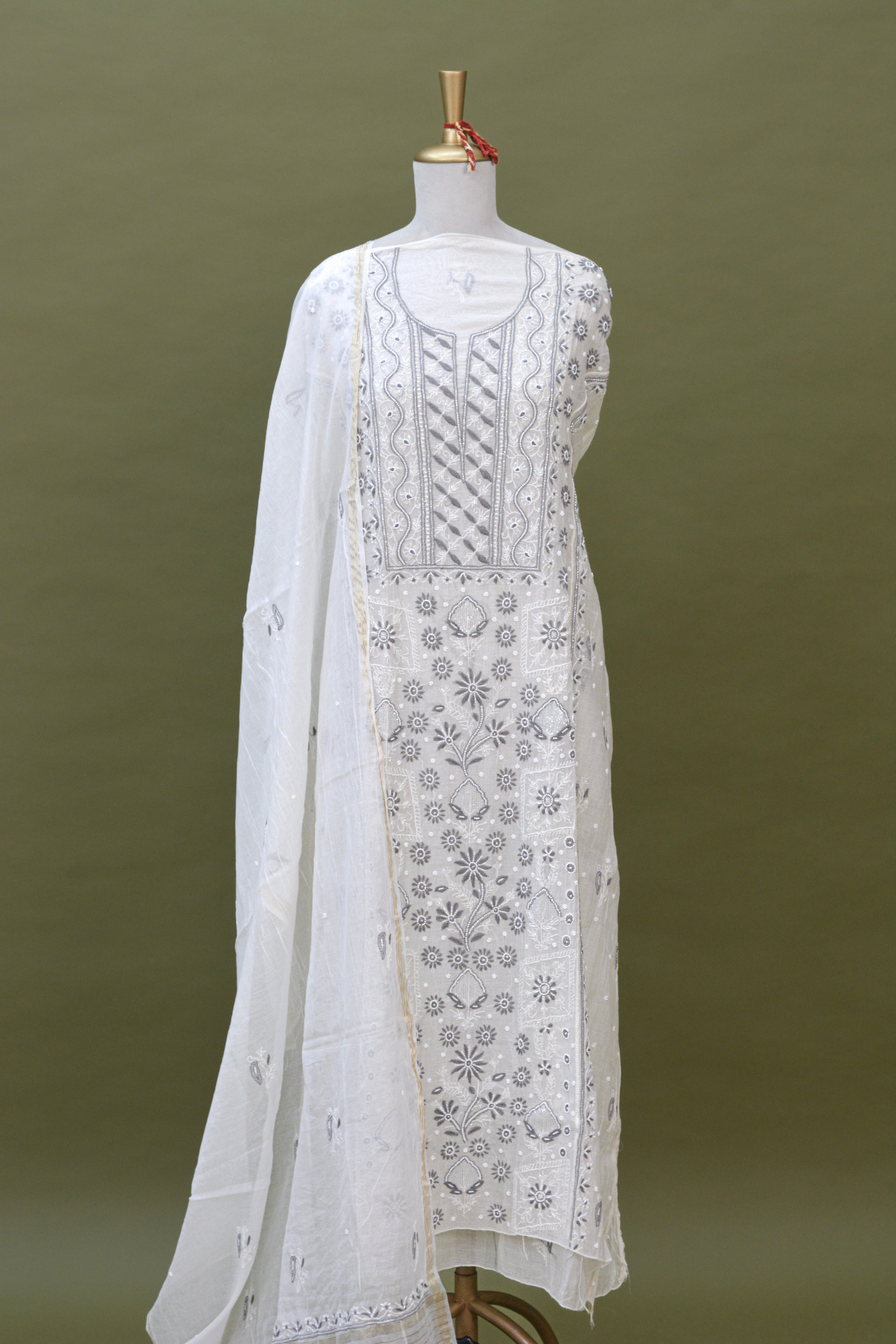 Ivory Mul Mul Cotton Chikankari Kurta Fabric with Dupatta – Unstitched 2-Piece Set