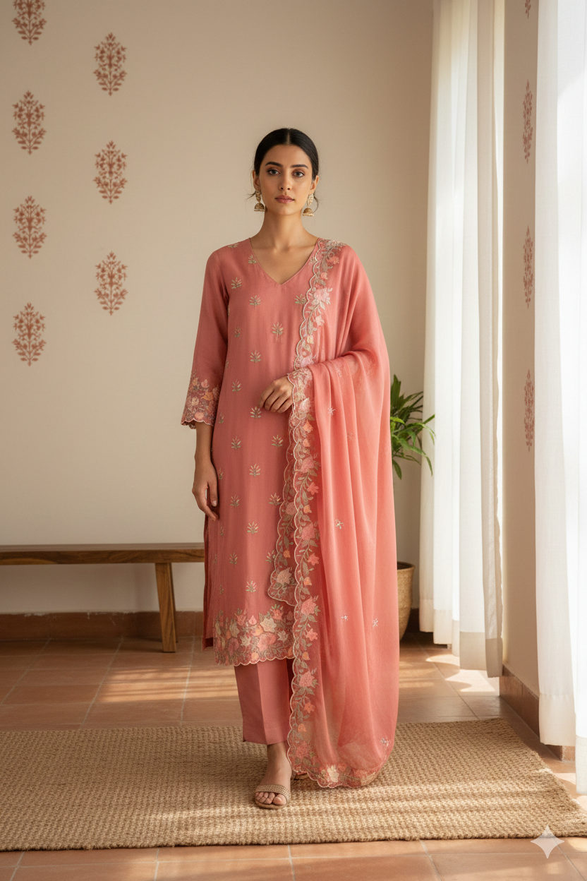 Tangerine Orange Chinon Suit Set with Cutwork Resham Embroidery – Unstitched 3-Piece