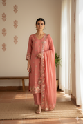 Tangerine Orange Chinon Suit Set with Cutwork Resham Embroidery – Unstitched 3-Piece