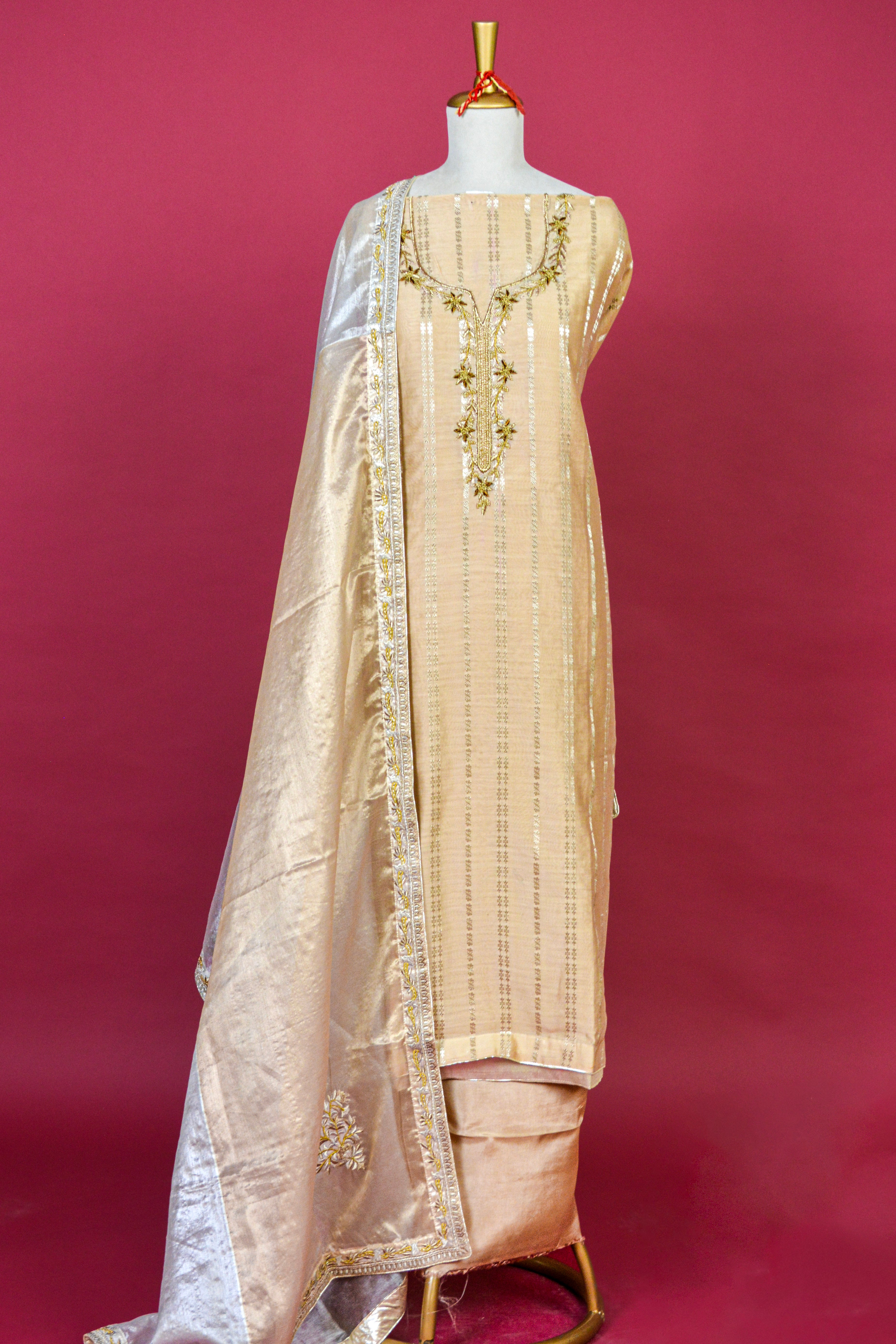 Beige Handloom Striped Kurta with Patchwork Tissue Dupatta & Upada Silk Bottom – 3 Piece