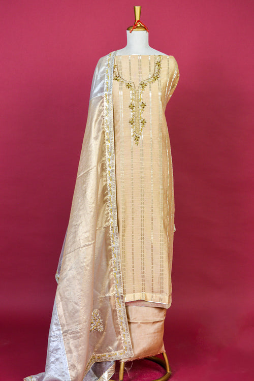 Beige Handloom Striped Kurta with Patchwork Tissue Dupatta & Upada Silk Bottom – 3 Piece