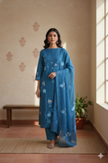 Blue Mul Chanderi Suit Set with Floral Embroidery – Unstitched 3-Piece